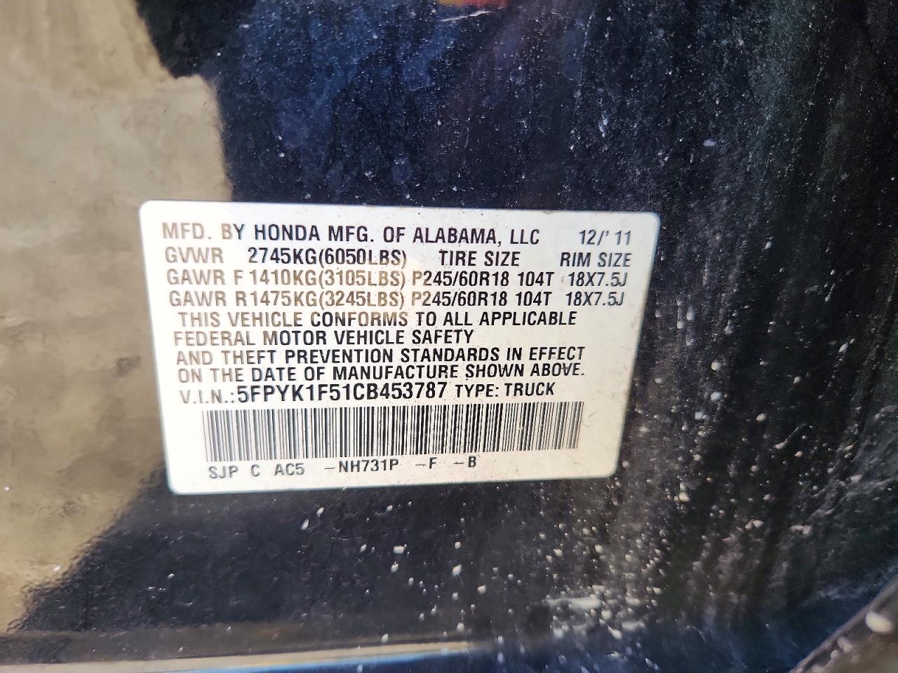 2012 Honda Ridgeline Rtl Black vin: 5FPYK1F51CB453787
