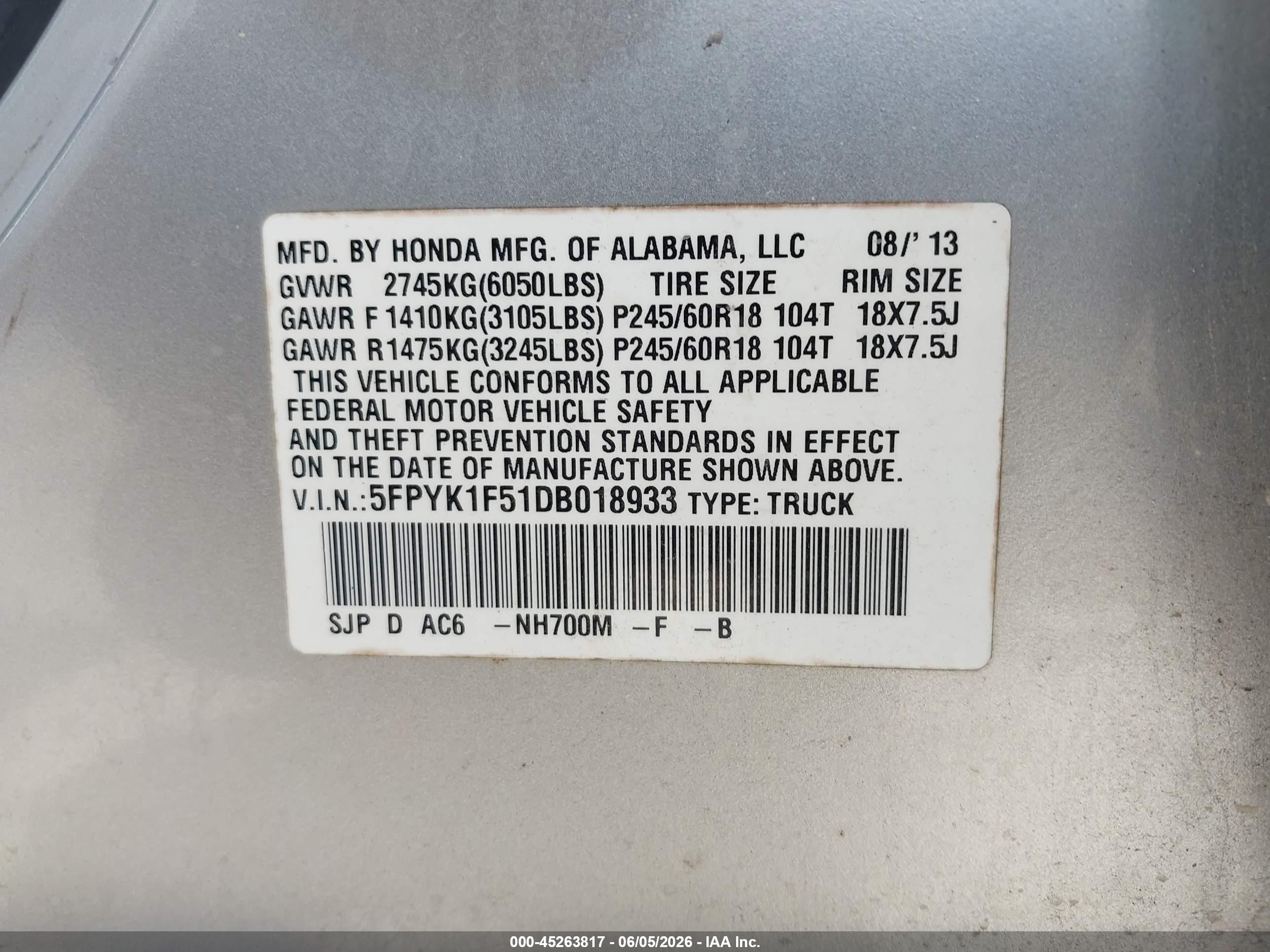 2013 Honda Ridgeline Rtl Silver vin: 5FPYK1F51DB018933