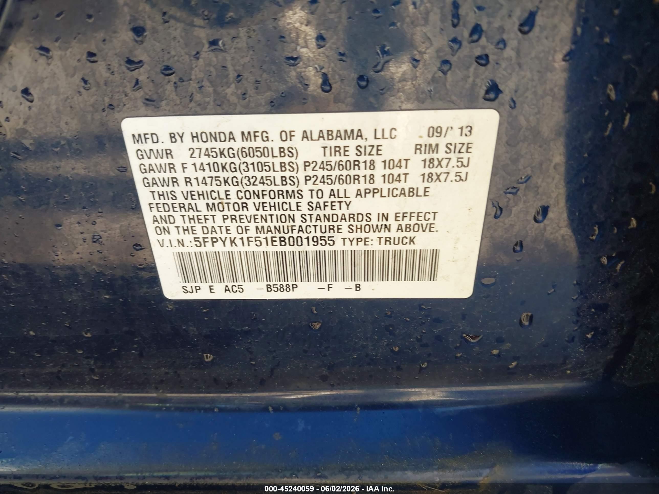 2014 Honda Ridgeline Rtl Blue vin: 5FPYK1F51EB001955