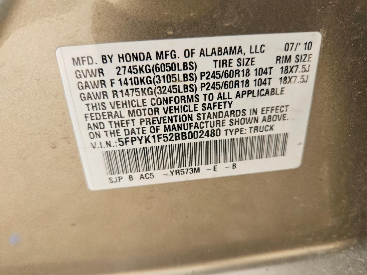 2011 Honda Ridgeline Rtl Tan vin: 5FPYK1F52BB002480