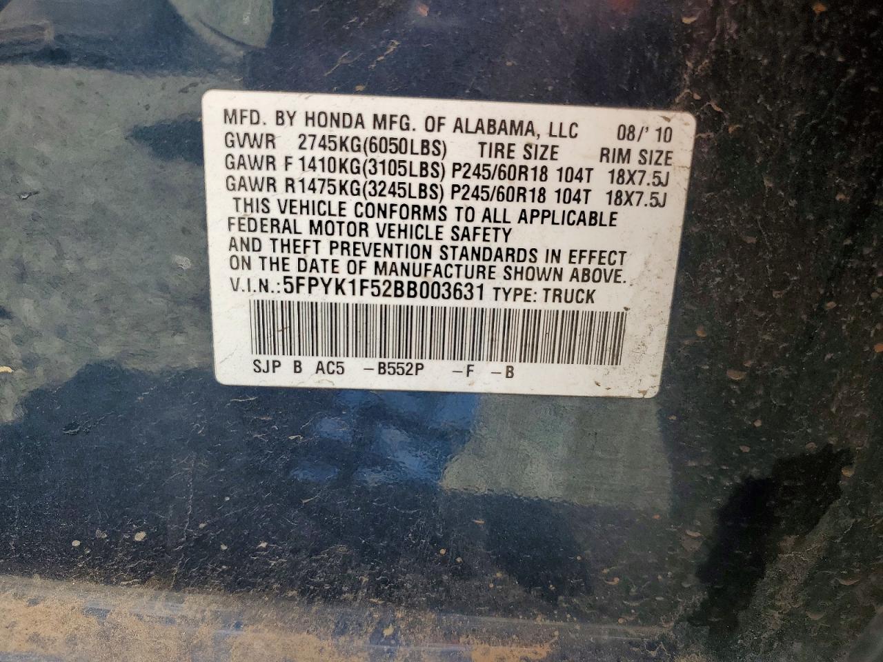 2011 Honda Ridgeline Rtl Charcoal vin: 5FPYK1F52BB003631