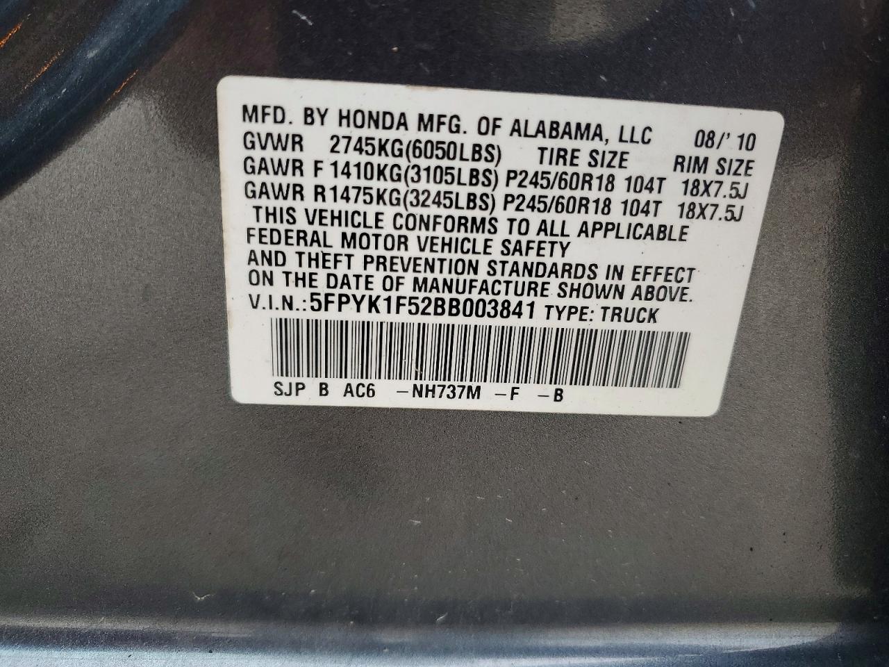 2011 Honda Ridgeline Rtl Silver vin: 5FPYK1F52BB003841