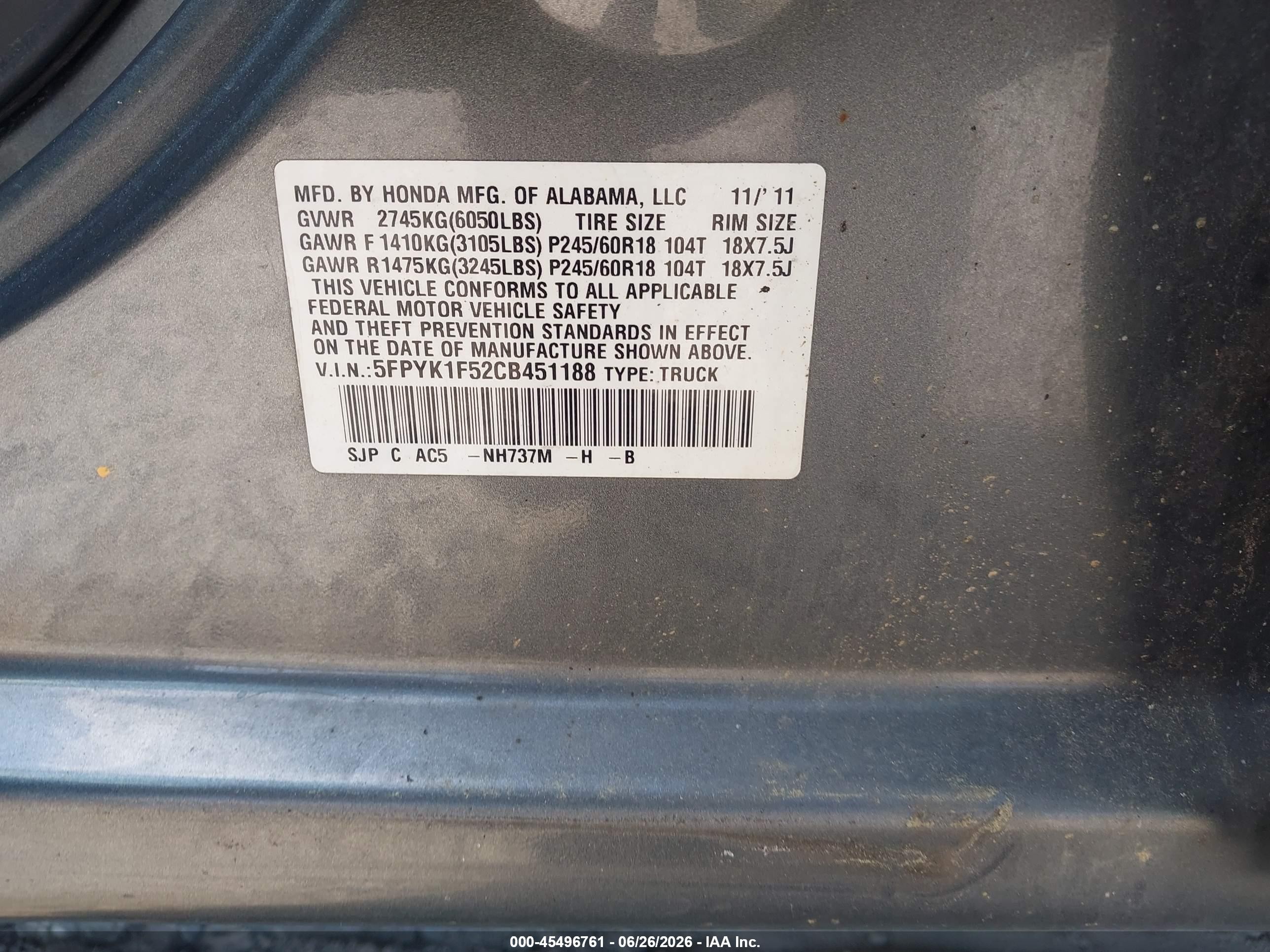 2012 Honda Ridgeline Rtl Gray vin: 5FPYK1F52CB451188