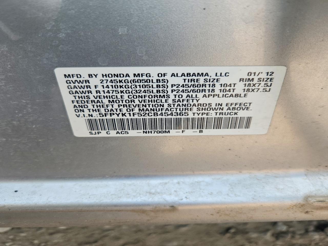 2012 Hond Ridgeline Silver vin: 5FPYK1F52CB454365