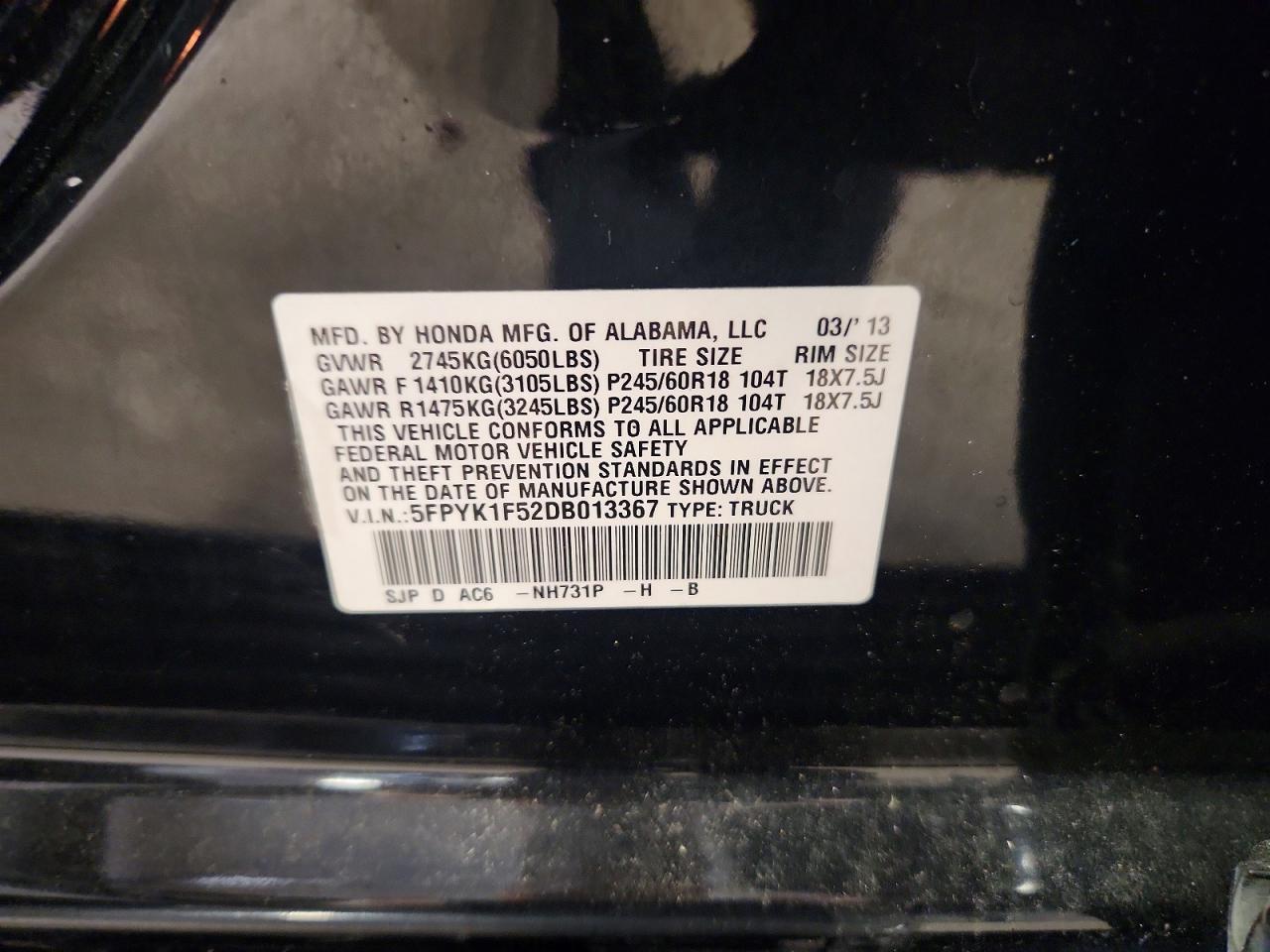 2013 Honda Ridgeline Rtl Black vin: 5FPYK1F52DB013367