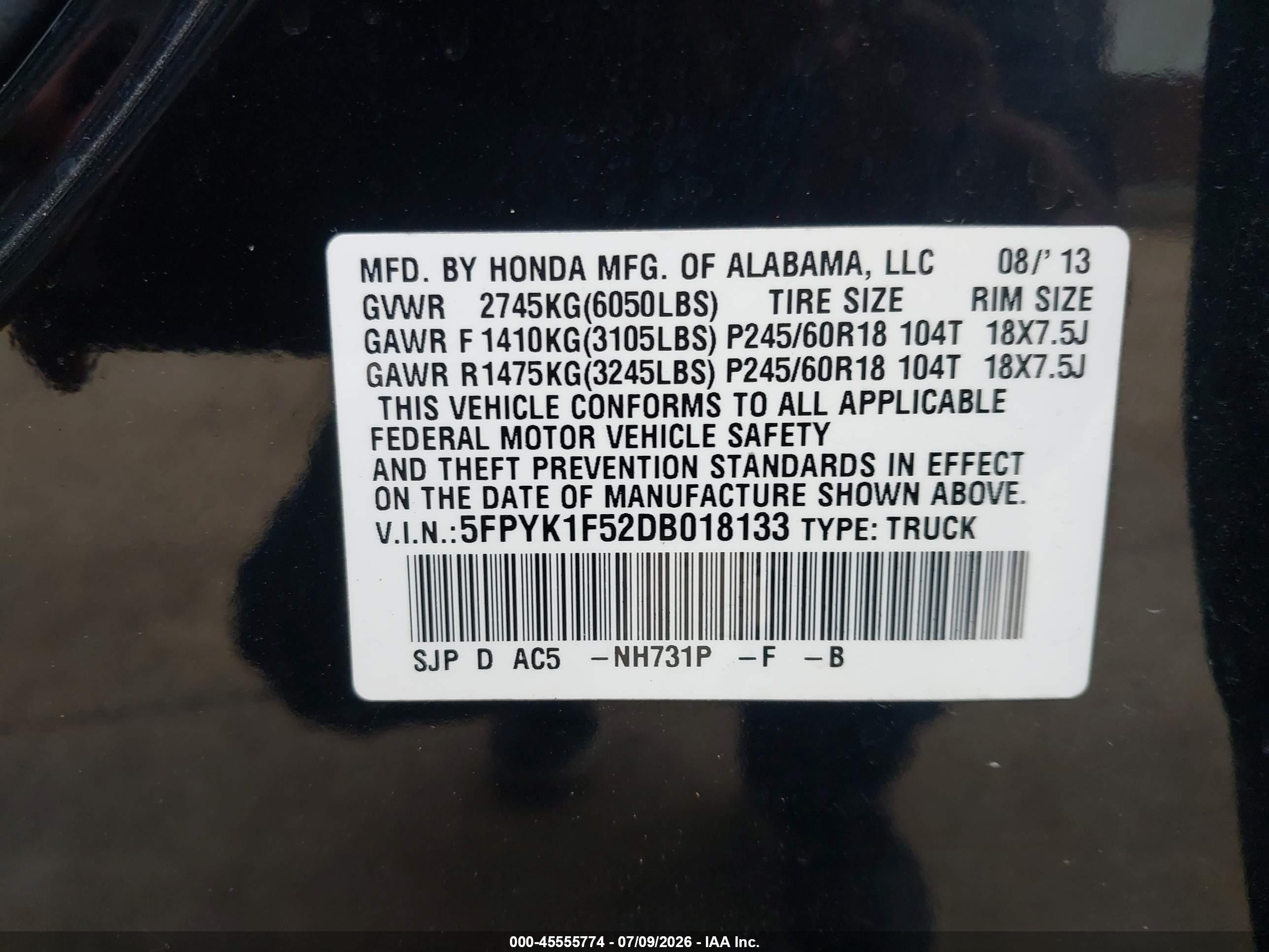 2013 Honda Ridgeline Rtl Black vin: 5FPYK1F52DB018133