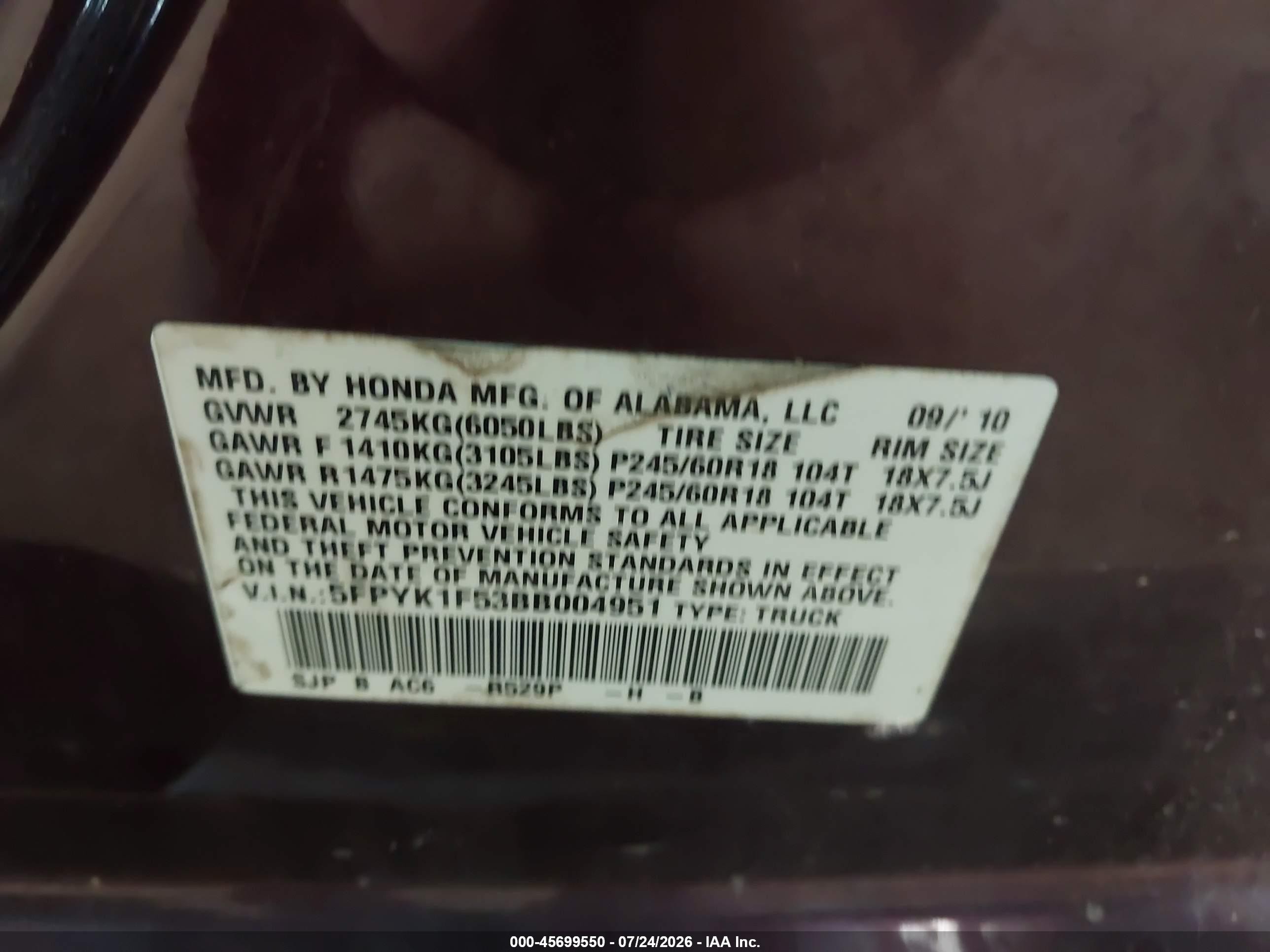 2011 Honda Ridgeline Rtl Red vin: 5FPYK1F53BB004951