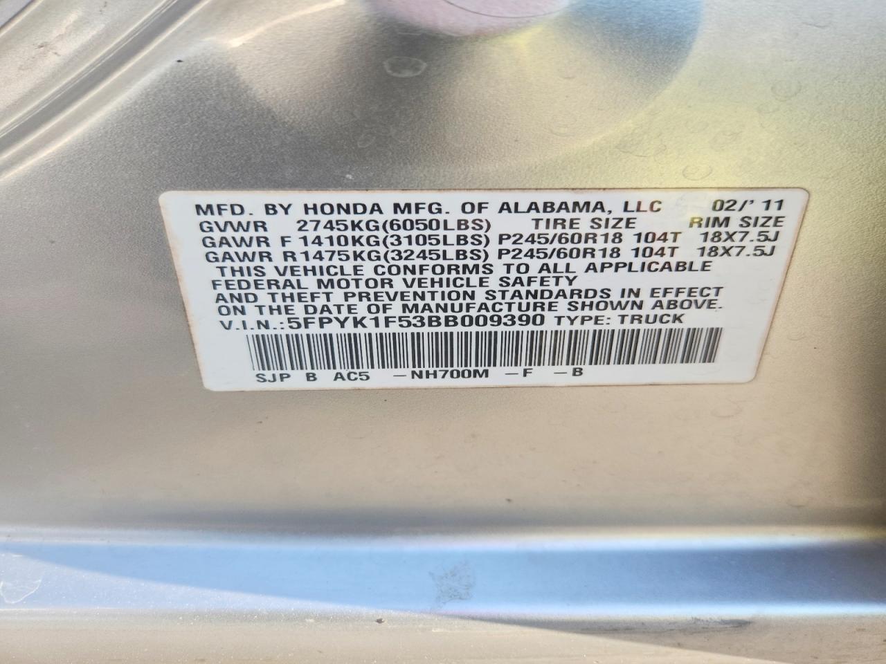 2011 Honda Ridgeline Rtl Silver vin: 5FPYK1F53BB009390