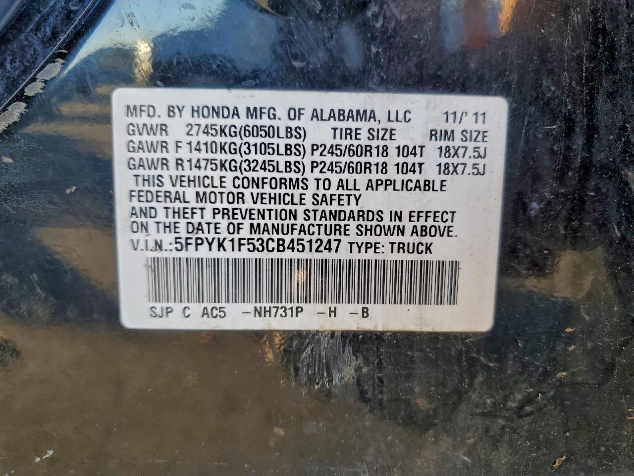 2012 Honda Ridgeline Rtl Black vin: 5FPYK1F53CB451247