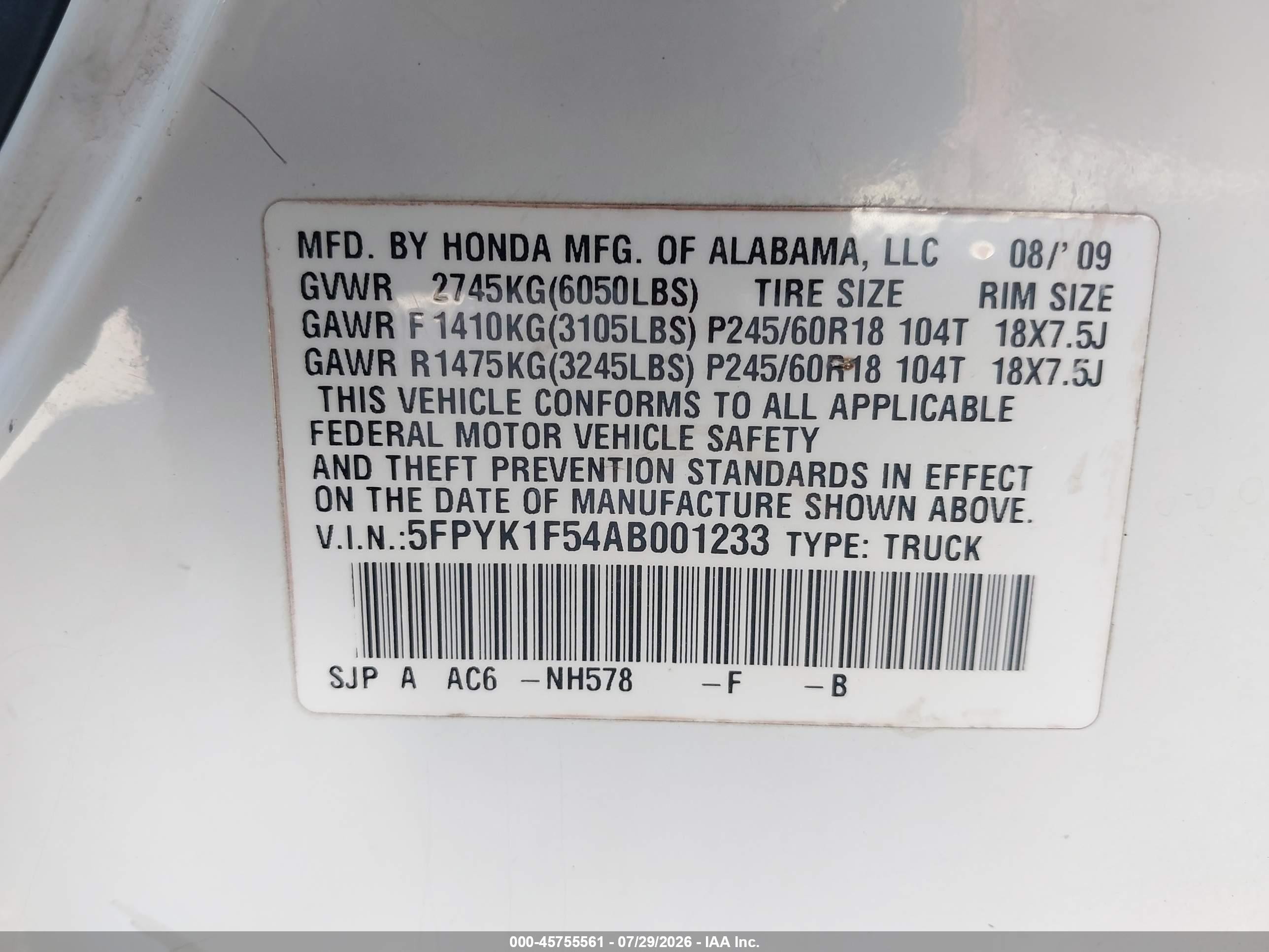 2010 Honda Ridgeline Rtl White vin: 5FPYK1F54AB001233