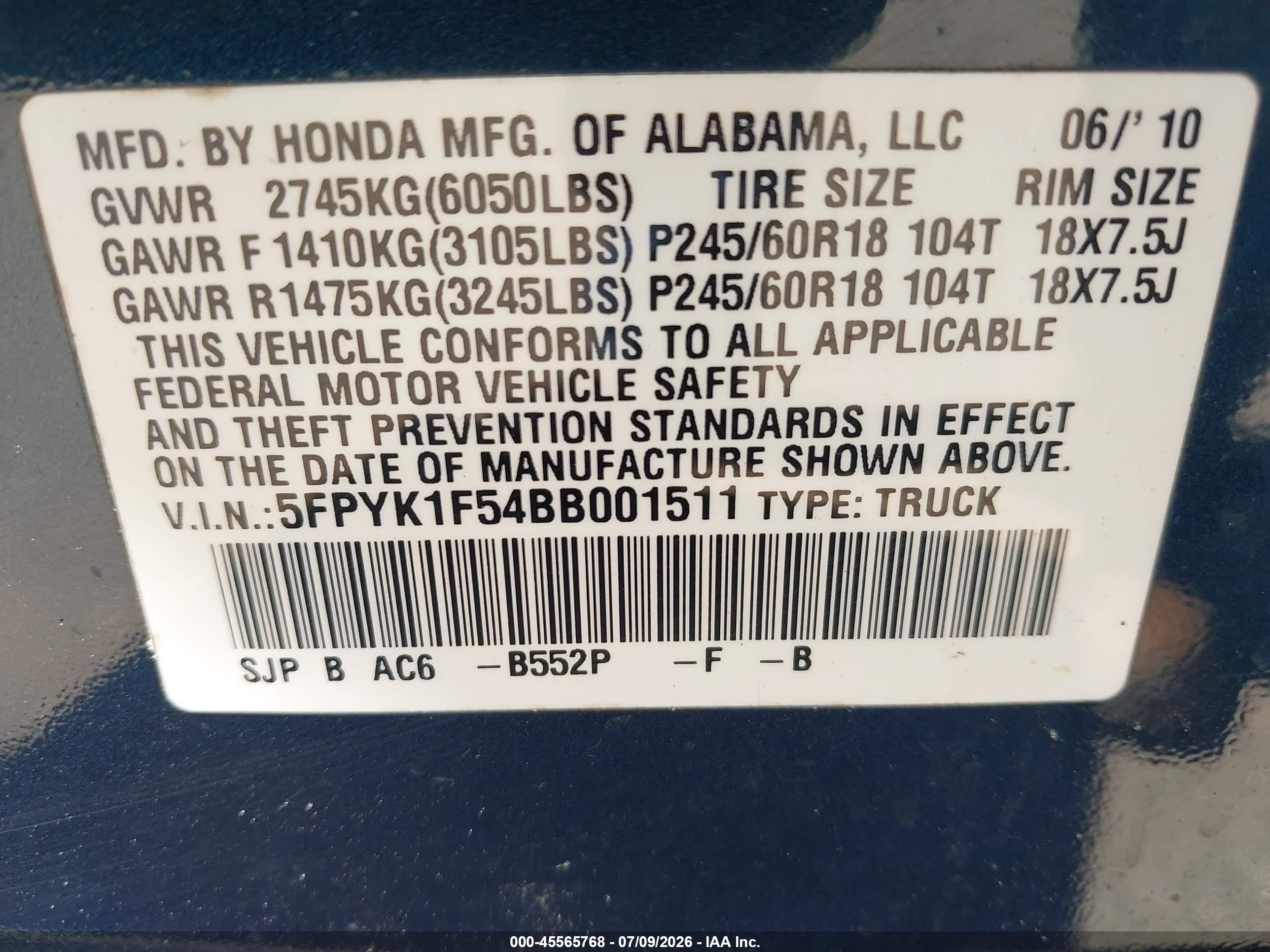 2011 Honda Ridgeline Rtl Blue vin: 5FPYK1F54BB001511