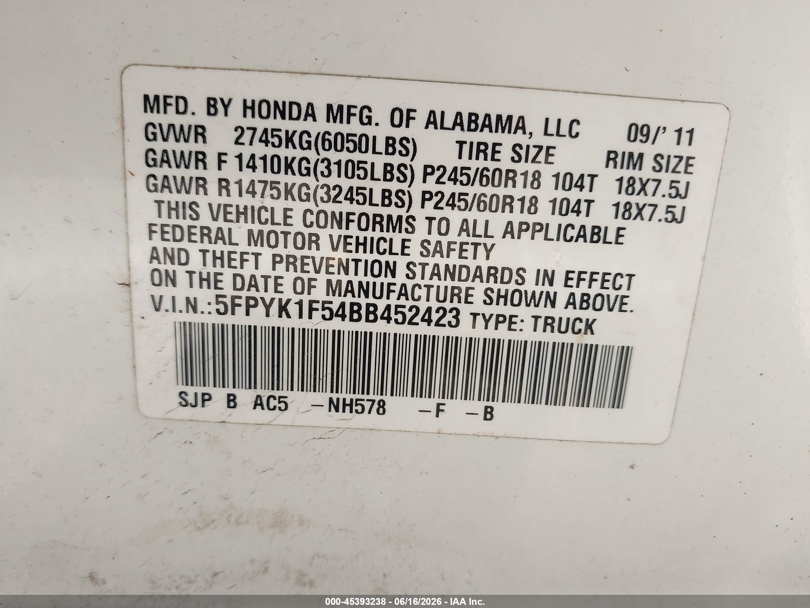 2011 Honda Ridgeline Rtl White vin: 5FPYK1F54BB452423