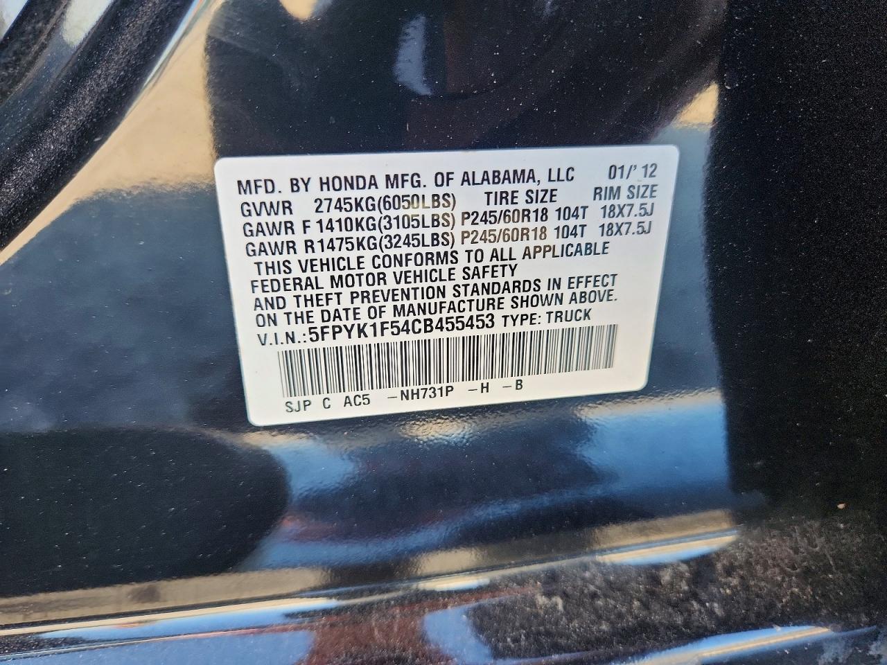 2012 Honda Ridgeline Black vin: 5FPYK1F54CB455453