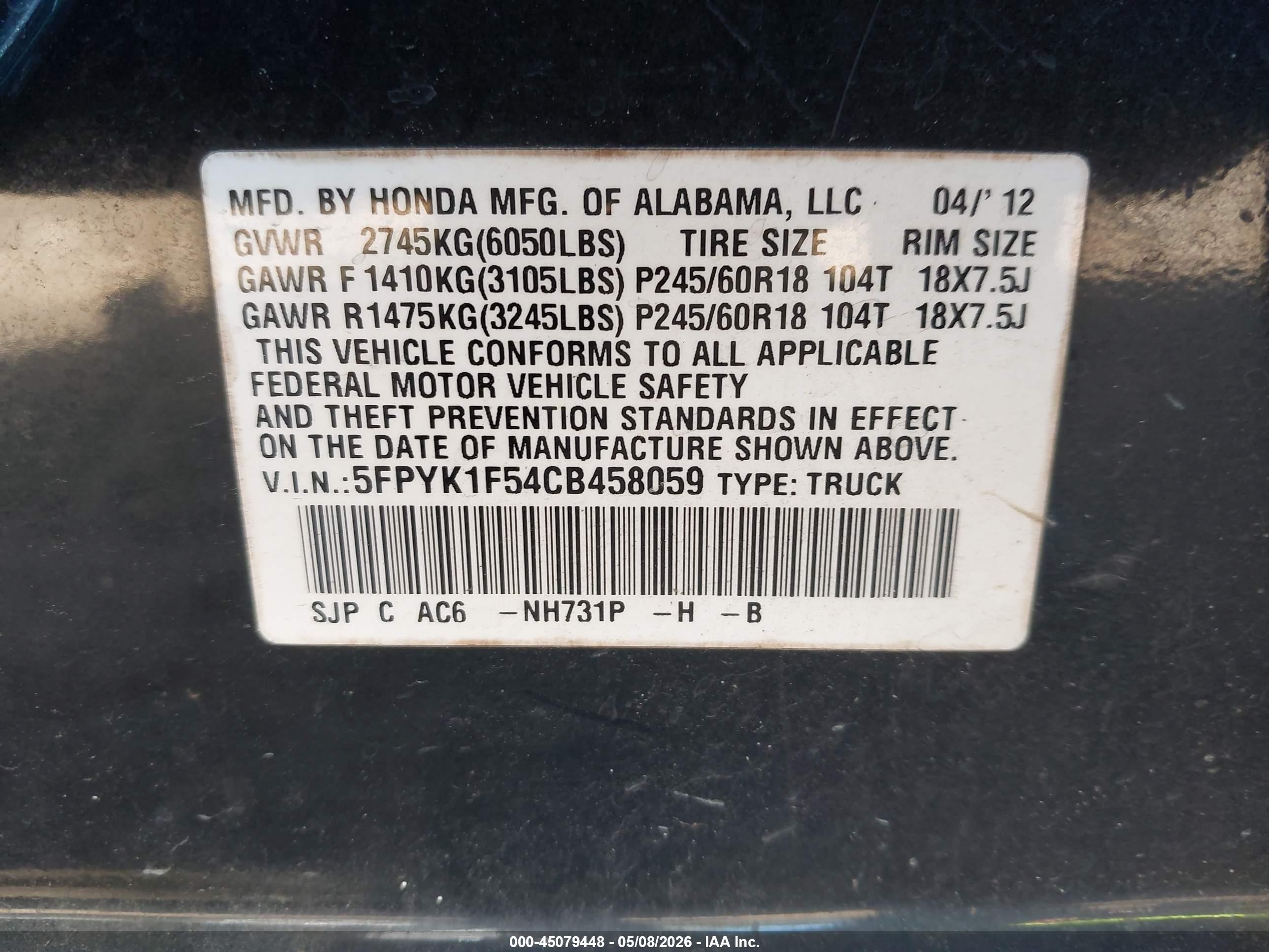 2012 Honda Ridgeline Rtl Black vin: 5FPYK1F54CB458059