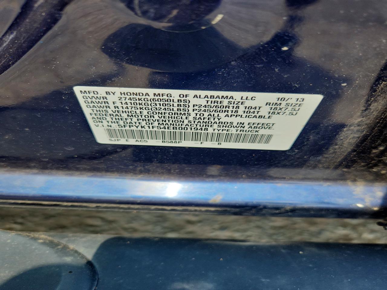 2014 Honda Ridgeline Rtl Blue vin: 5FPYK1F54EB001948