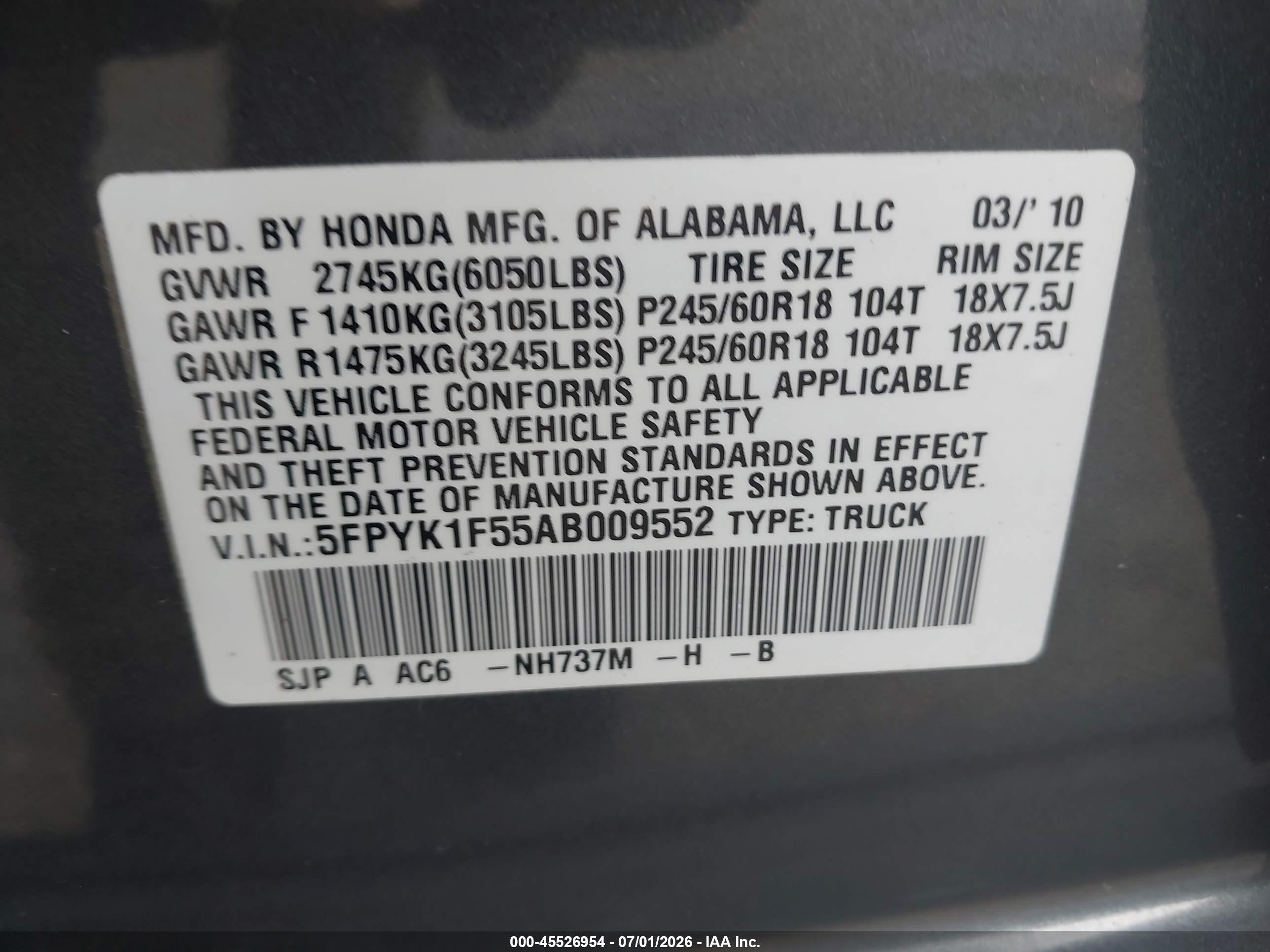 2010 Honda Ridgeline Rtl Gray vin: 5FPYK1F55AB009552