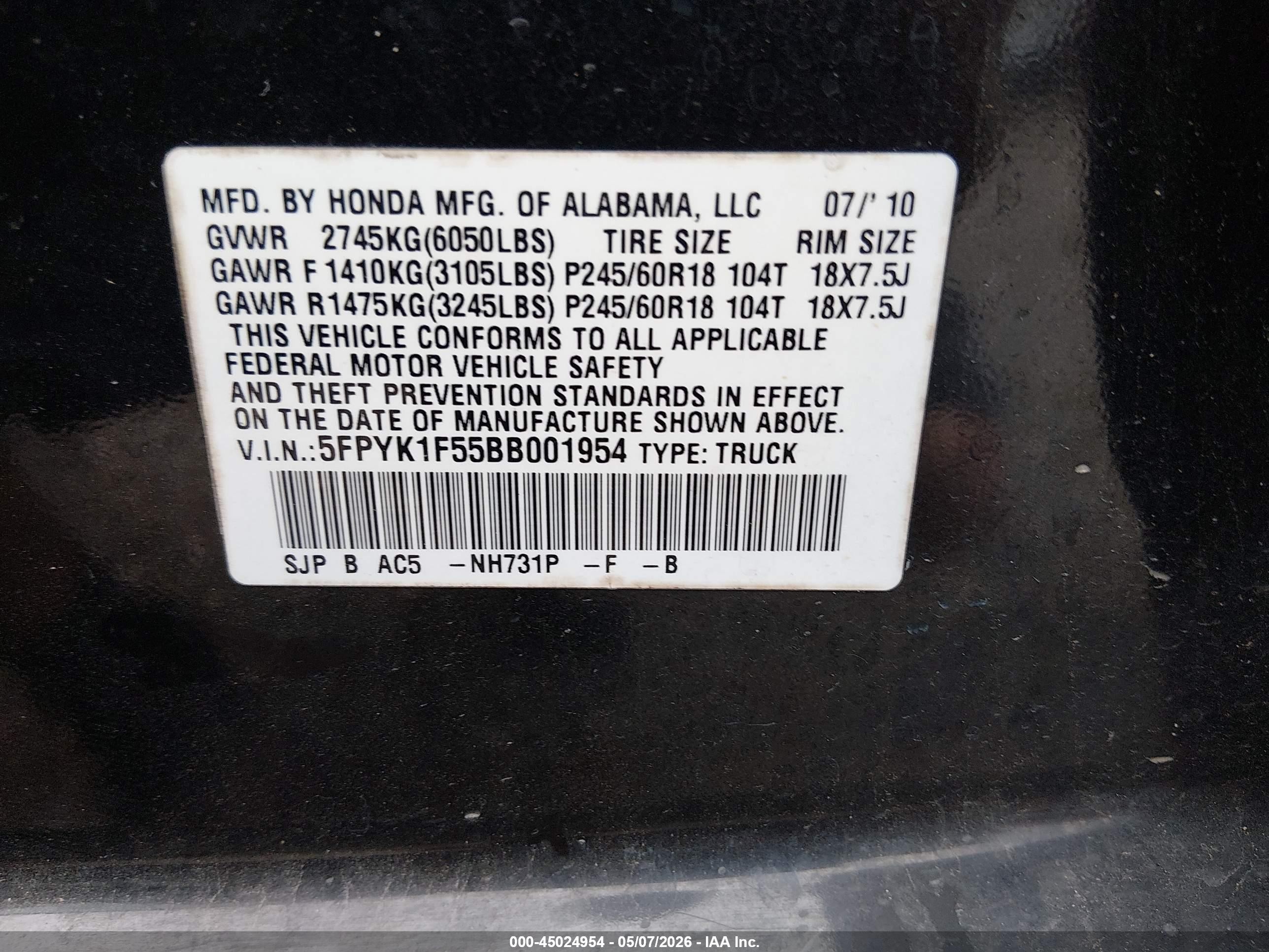 2011 Honda Ridgeline Rtl Black vin: 5FPYK1F55BB001954