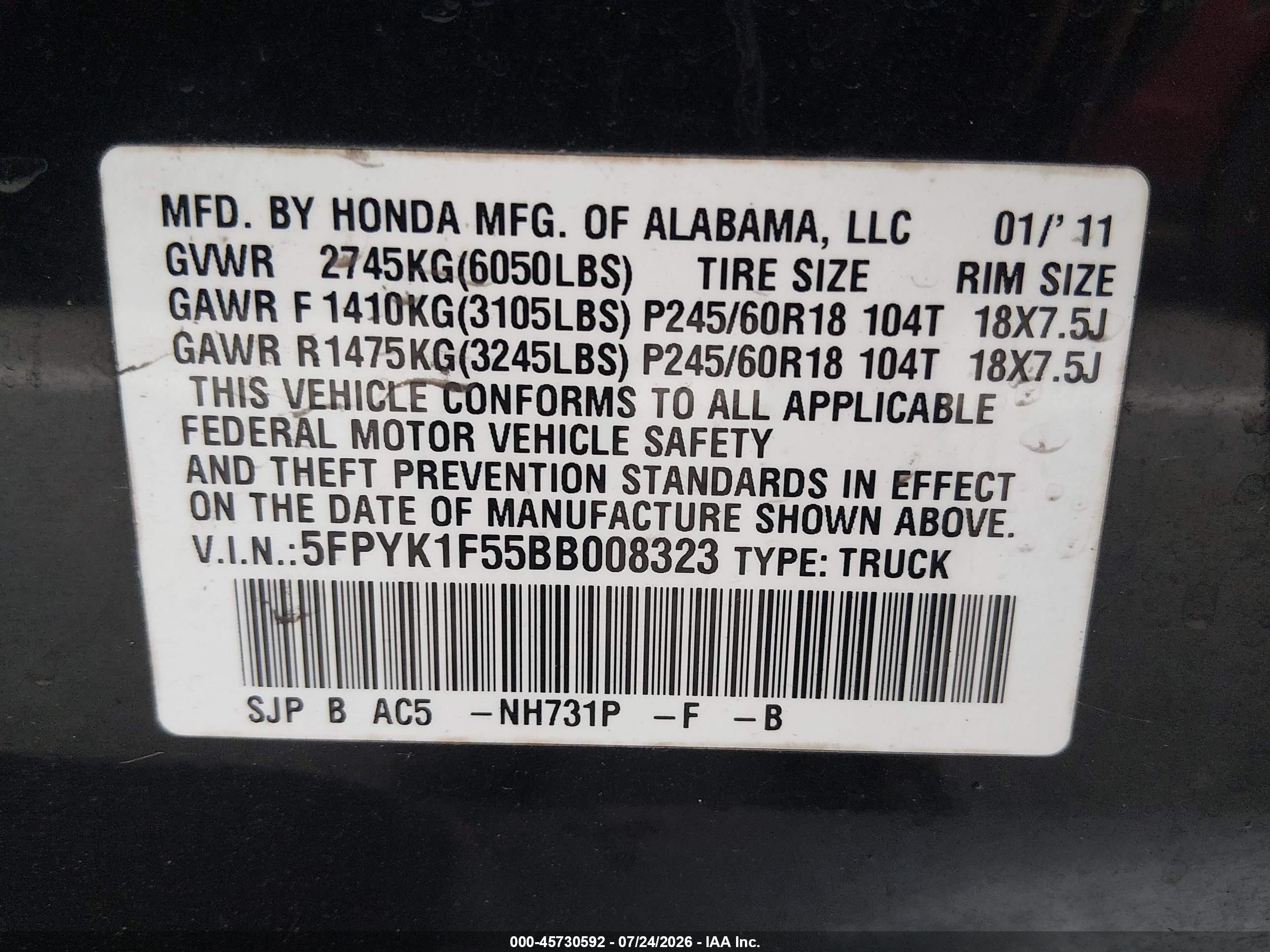 2011 Honda Ridgeline Rtl Black vin: 5FPYK1F55BB008323