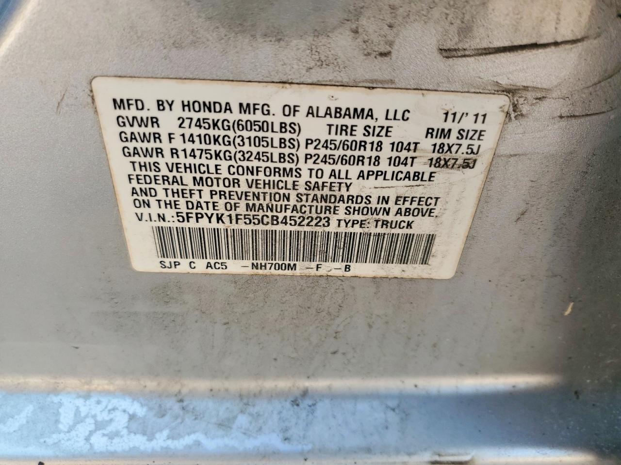 2012 Honda Ridgeline Rtl Серебряный vin: 5FPYK1F55CB452223