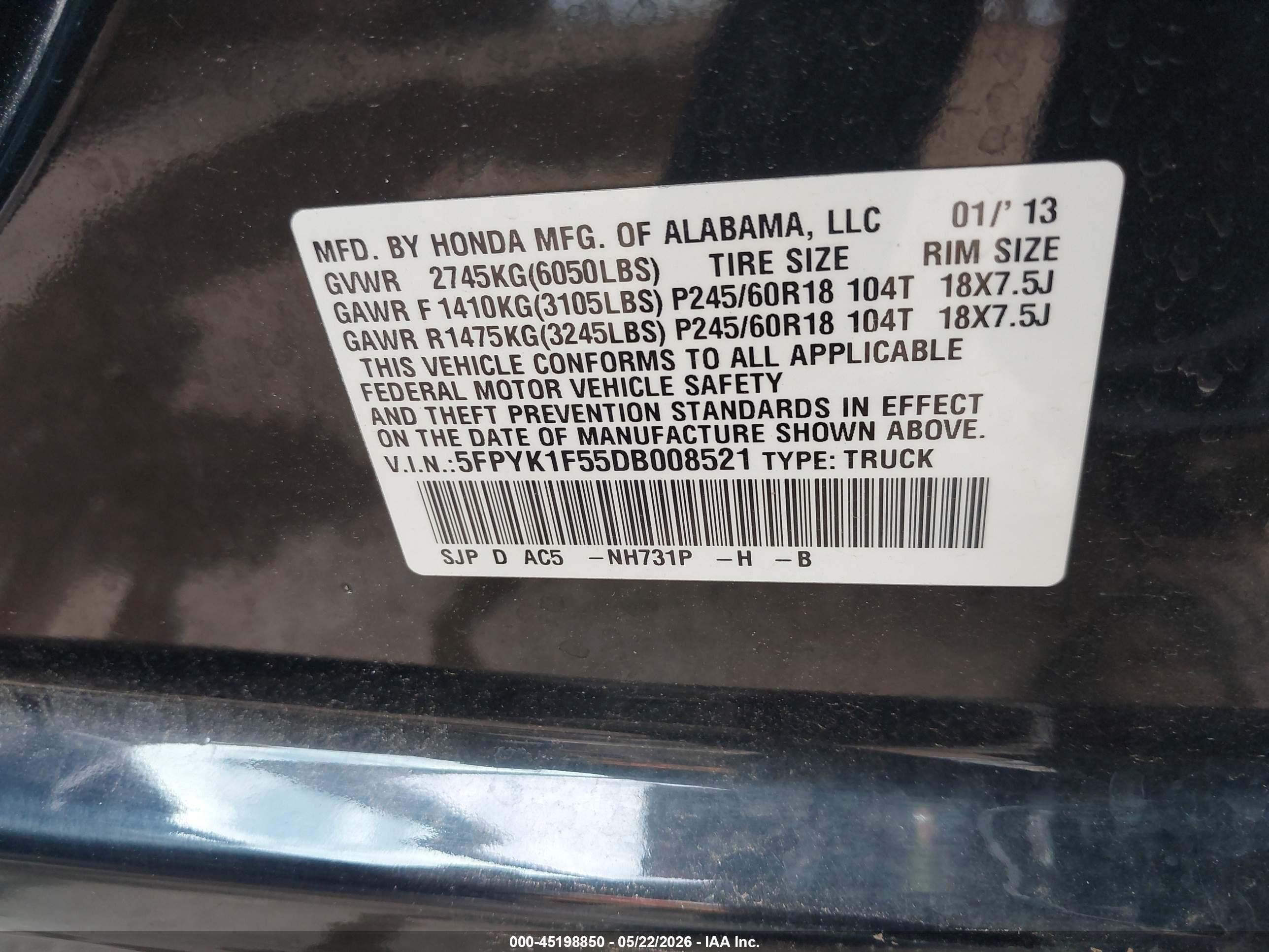 2013 Honda Ridgeline Rtl Black vin: 5FPYK1F55DB008521