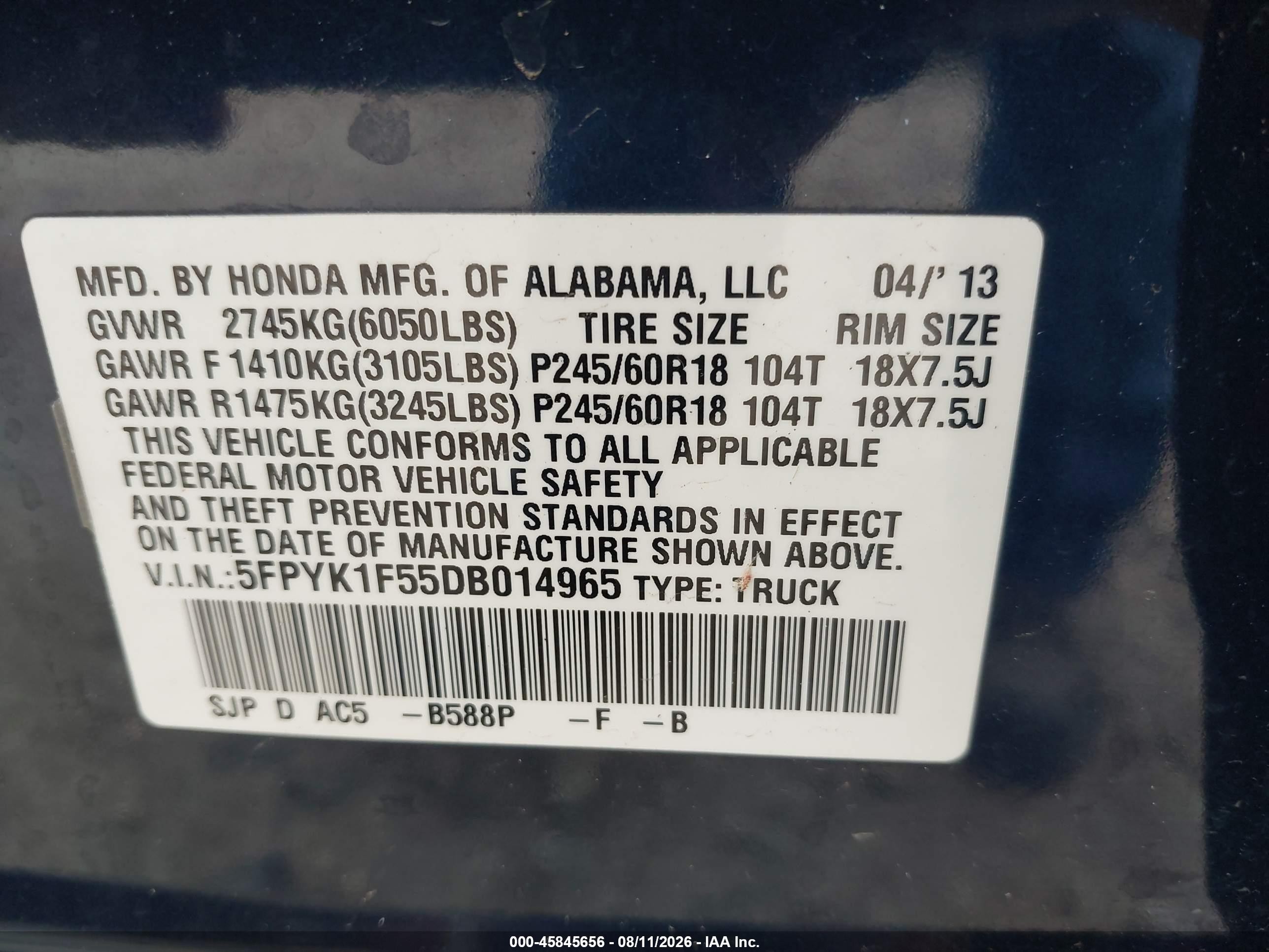 2013 Honda Ridgeline Rtl Dark Blue vin: 5FPYK1F55DB014965