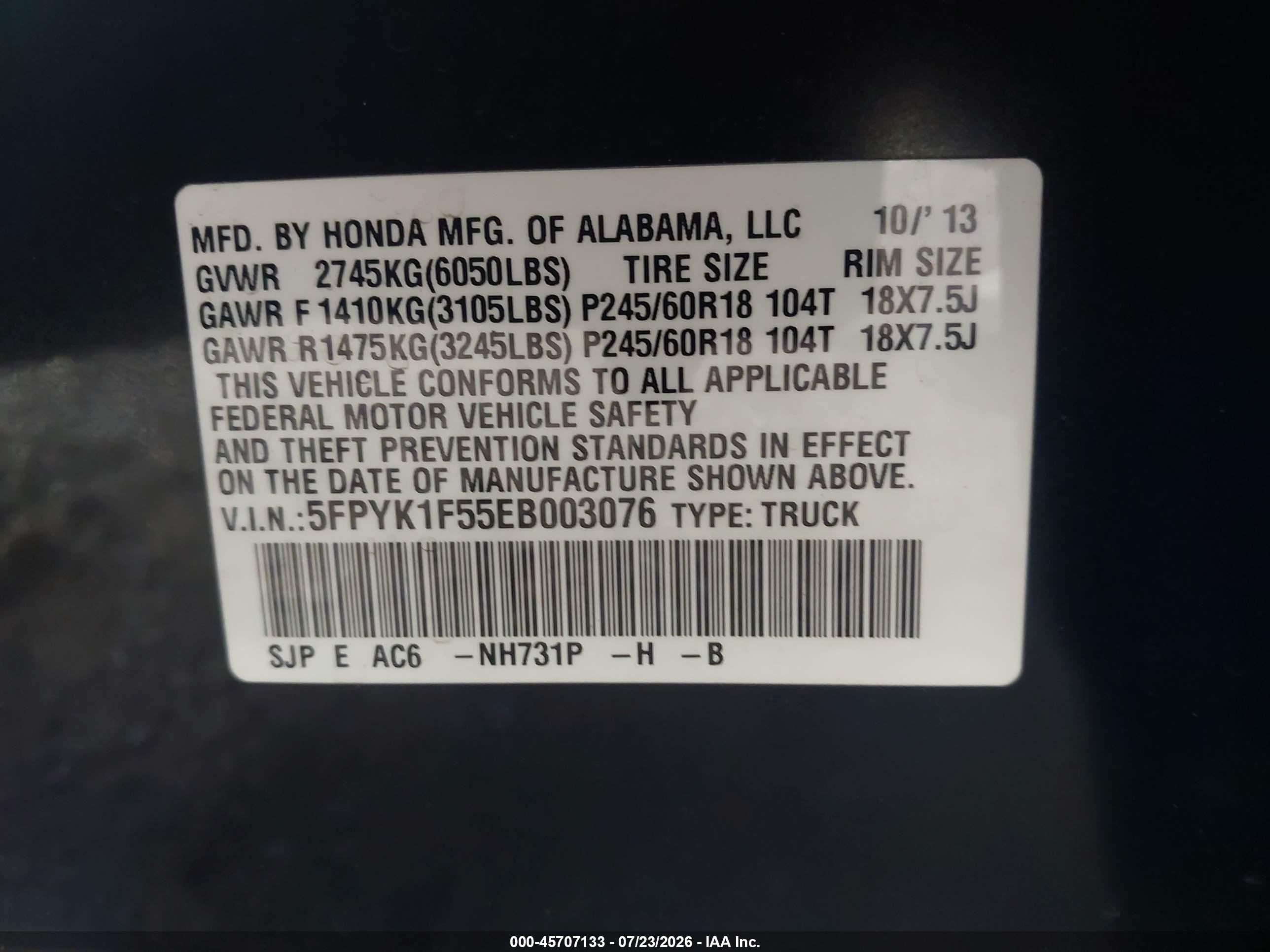 2014 Honda Ridgeline Rtl Black vin: 5FPYK1F55EB003076