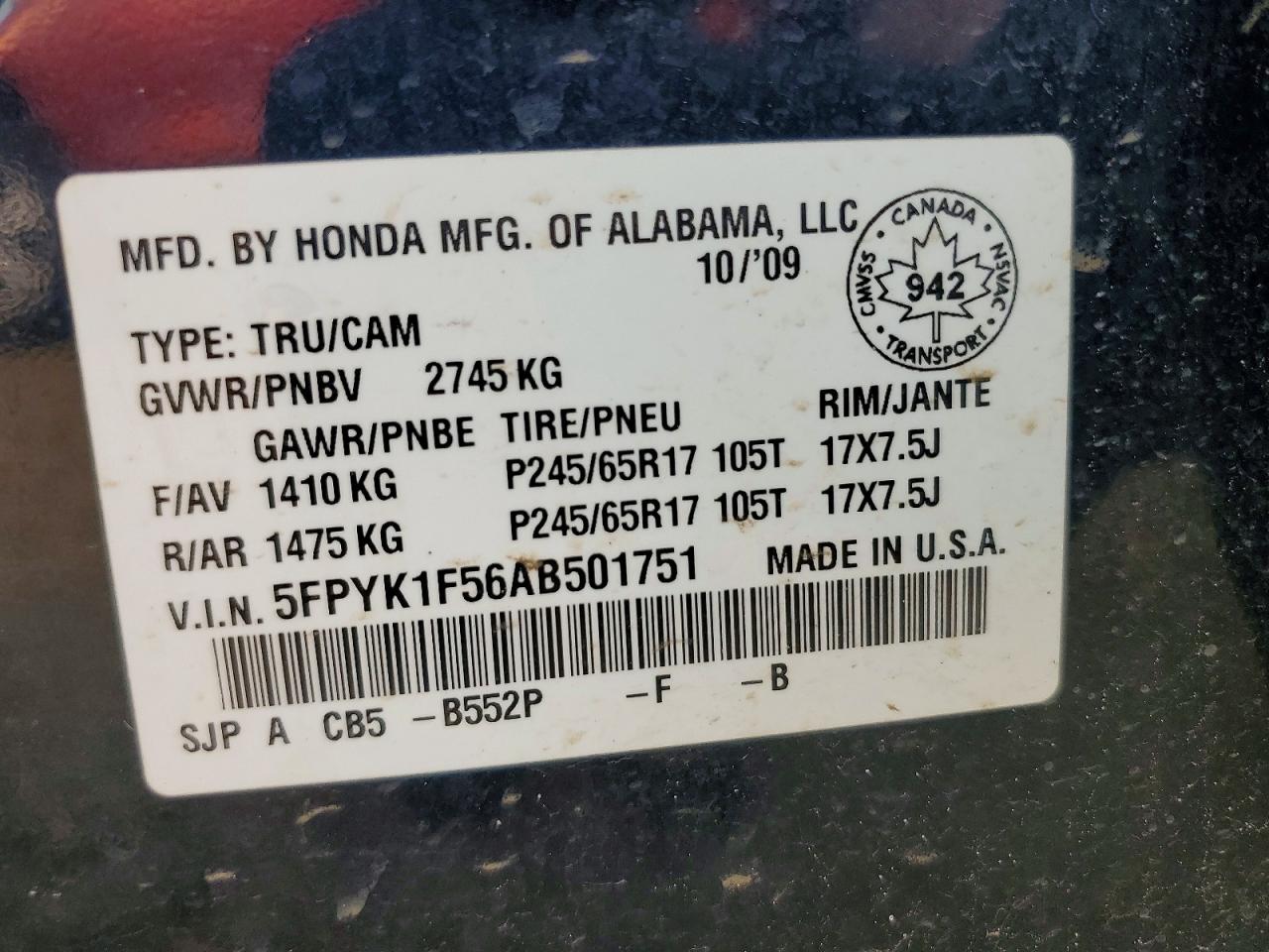 2010 Honda Ridgeline Rtl Blue vin: 5FPYK1F56AB501751