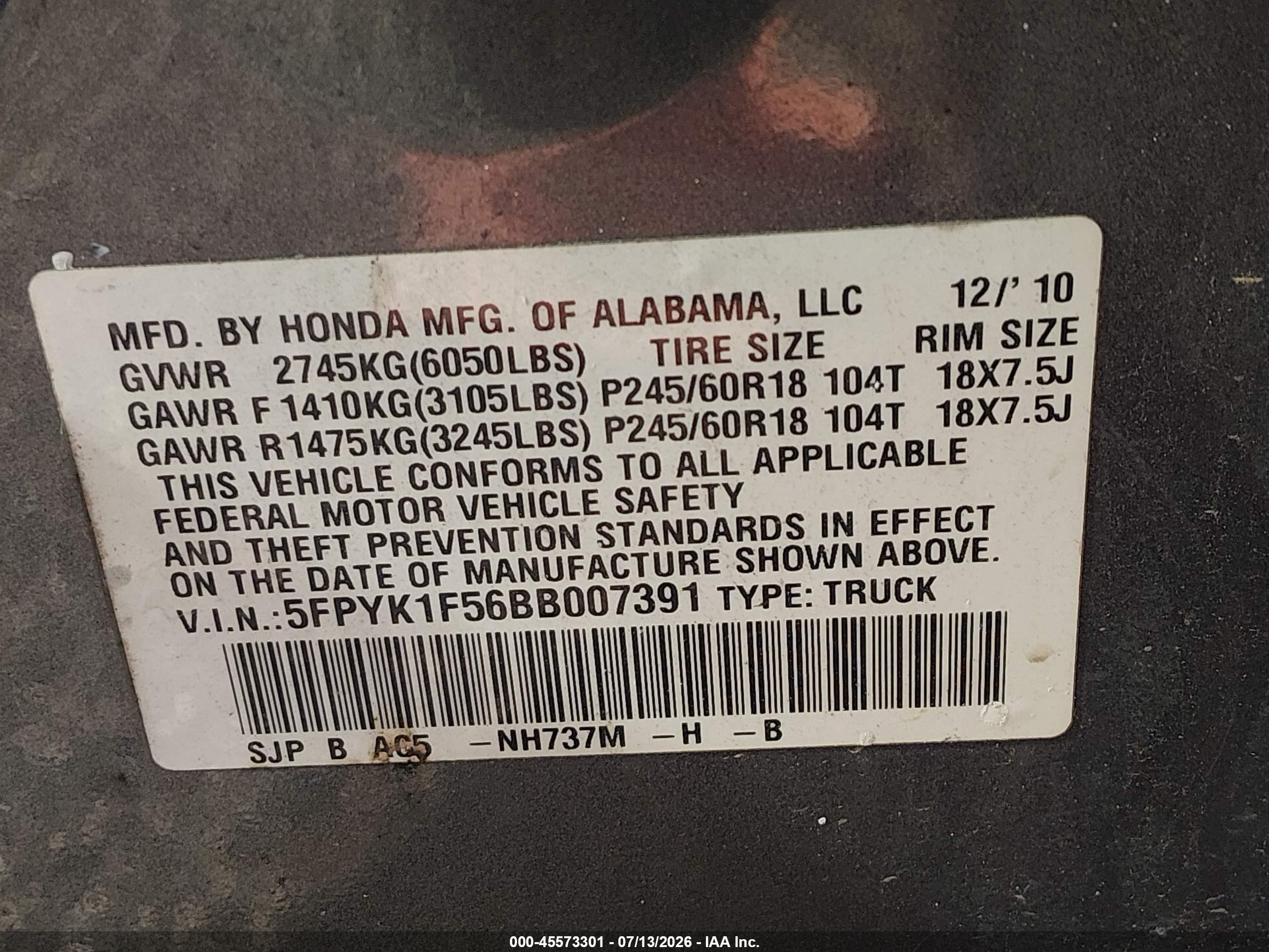 2011 Honda Ridgeline Rtl Gray vin: 5FPYK1F56BB007391