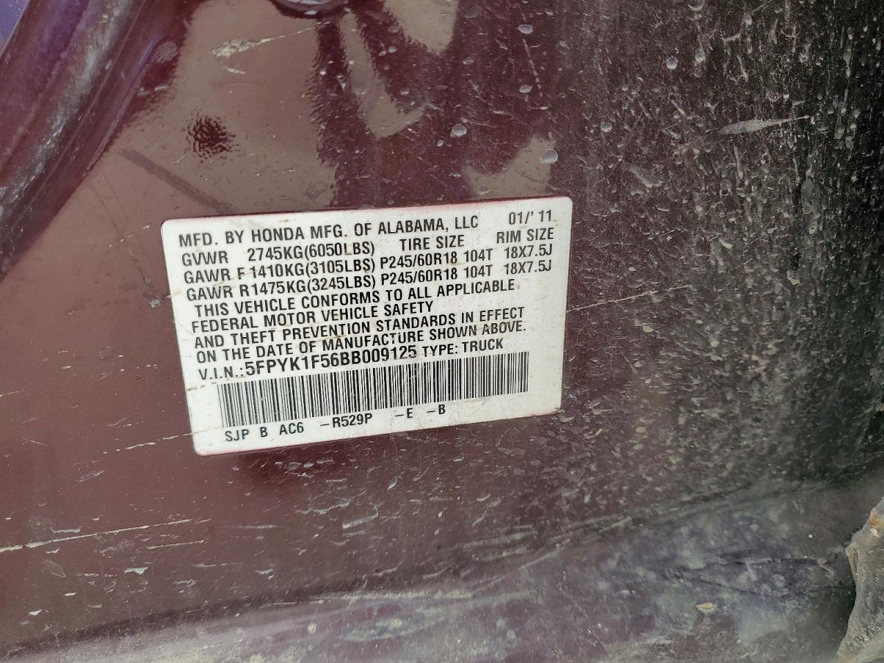 2011 Honda Ridgeline Rtl Burgundy vin: 5FPYK1F56BB009125