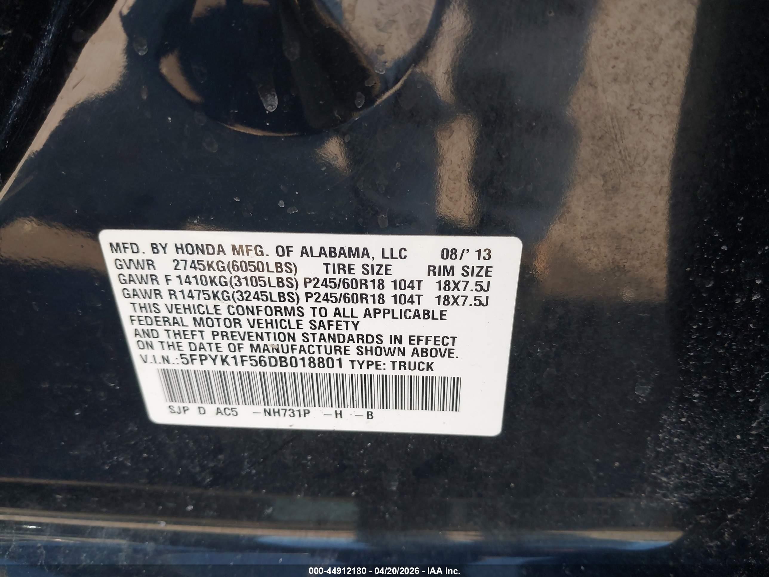2013 Honda Ridgeline Rtl Black vin: 5FPYK1F56DB018801