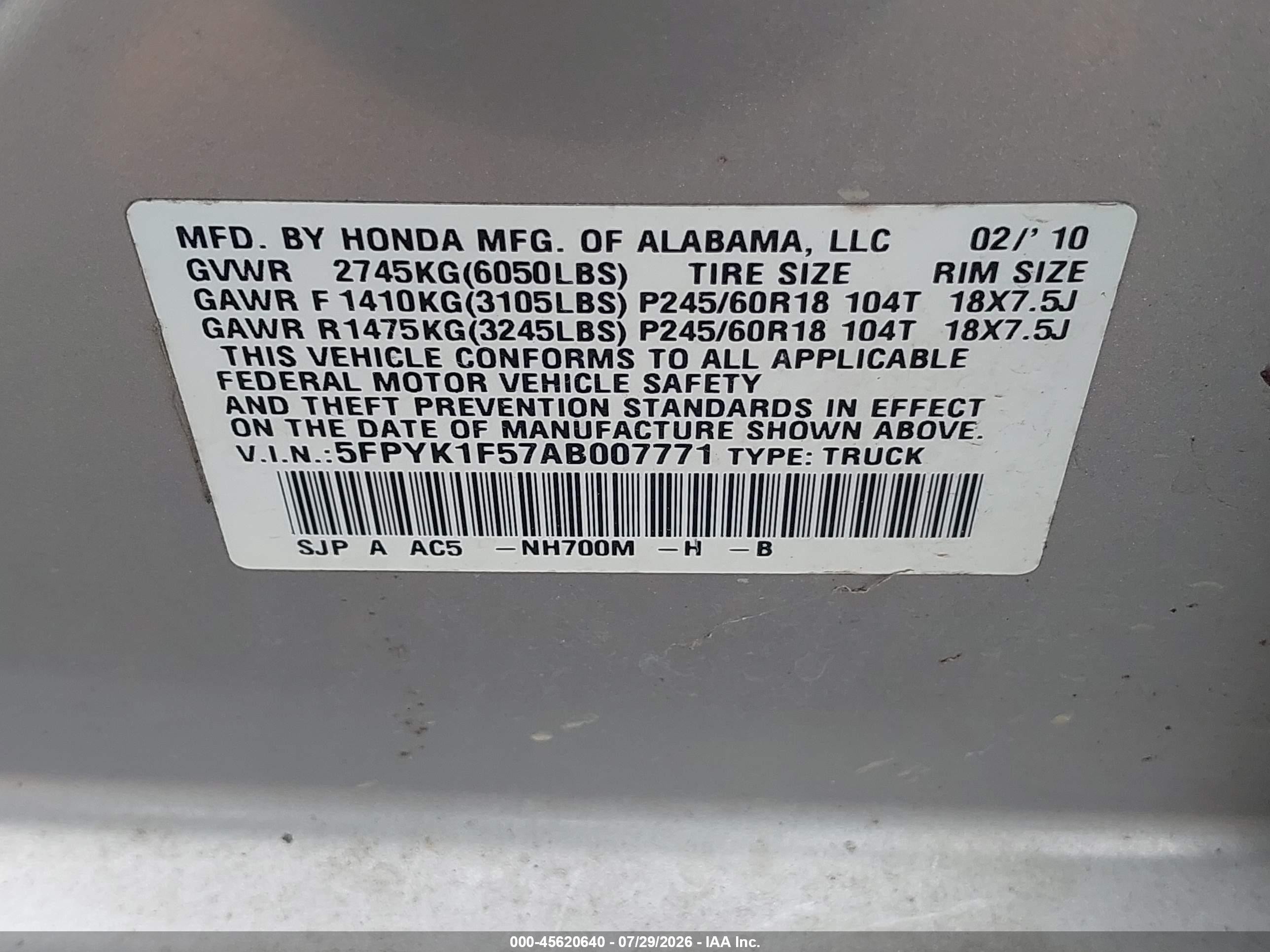 2010 Honda Ridgeline Rtl Gray vin: 5FPYK1F57AB007771
