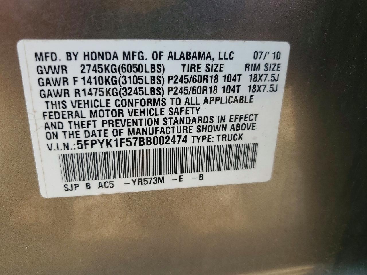 2011 Honda Ridgeline Rtl Tan vin: 5FPYK1F57BB002474