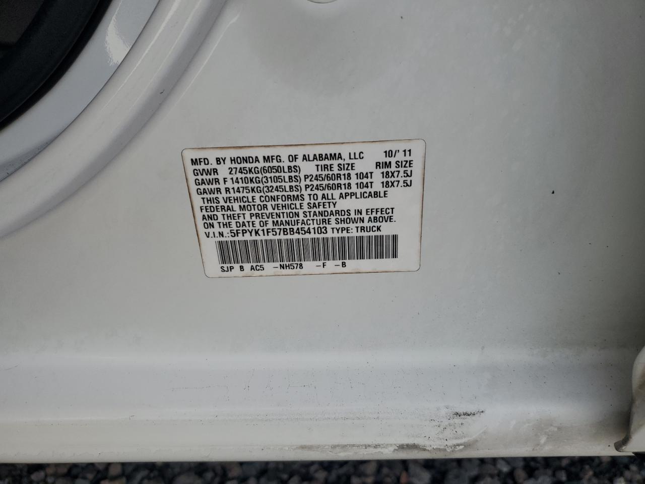 2011 Honda Ridgeline Rtl White vin: 5FPYK1F57BB454103
