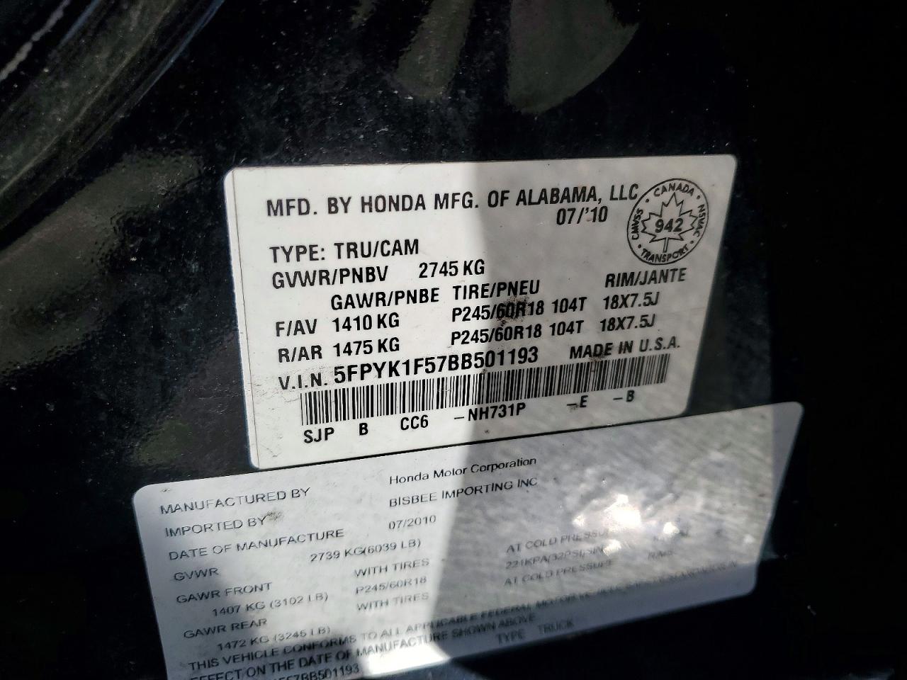 2011 Honda Ridgeline Rtl Black vin: 5FPYK1F57BB501193