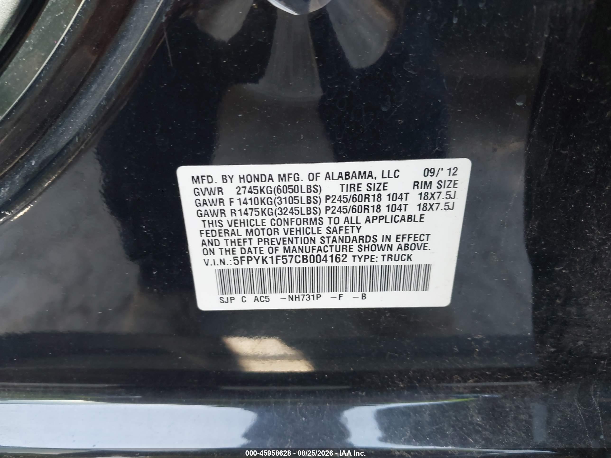 2012 Honda Ridgeline Rtl Black vin: 5FPYK1F57CB004162