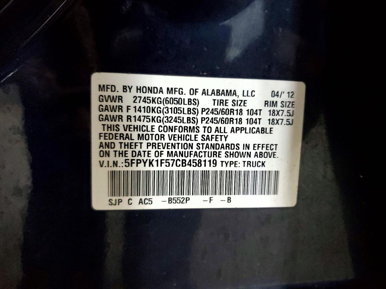 2012 Honda Ridgeline Rtl Blue vin: 5FPYK1F57CB458119