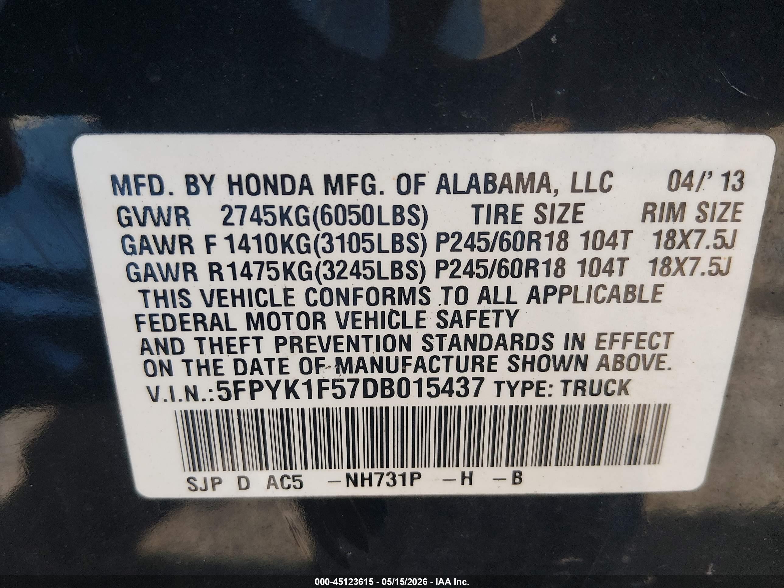 2013 Honda Ridgeline Rtl Black vin: 5FPYK1F57DB015437