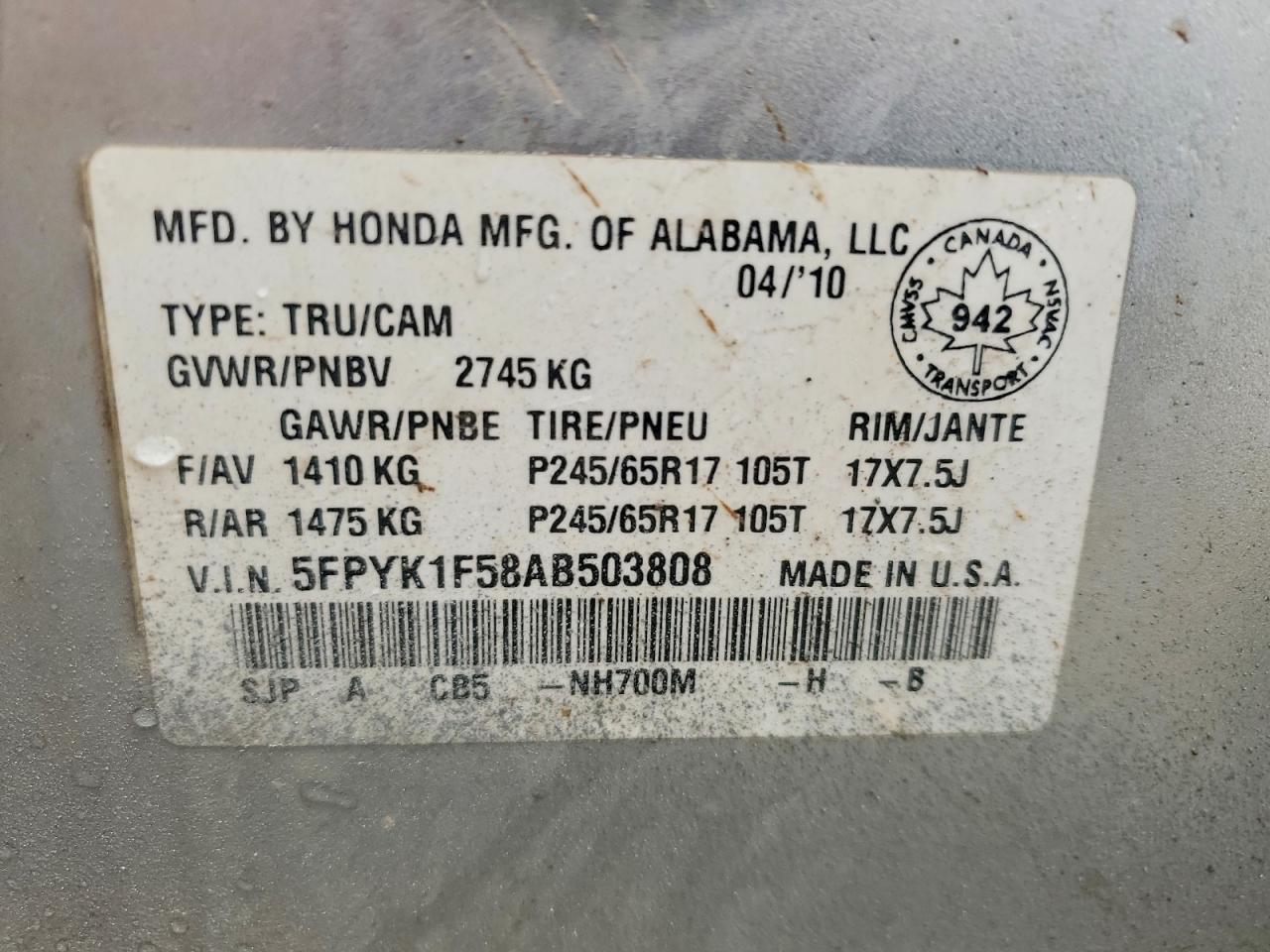 2010 Honda Ridgeline Rtl Серебряный vin: 5FPYK1F58AB503808
