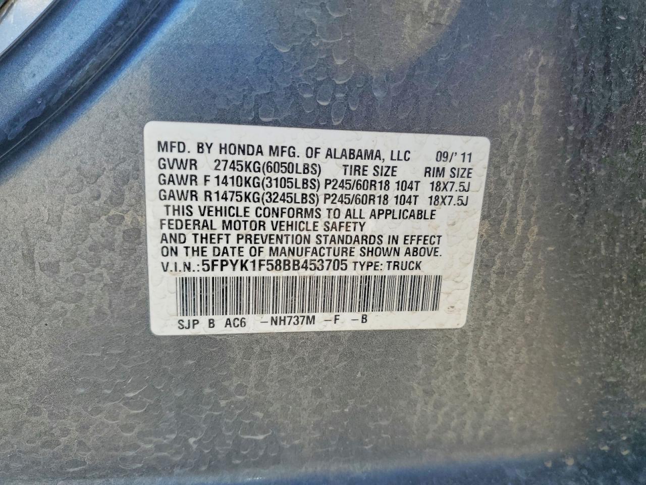 2011 Honda Ridgeline Rtl Gray vin: 5FPYK1F58BB453705