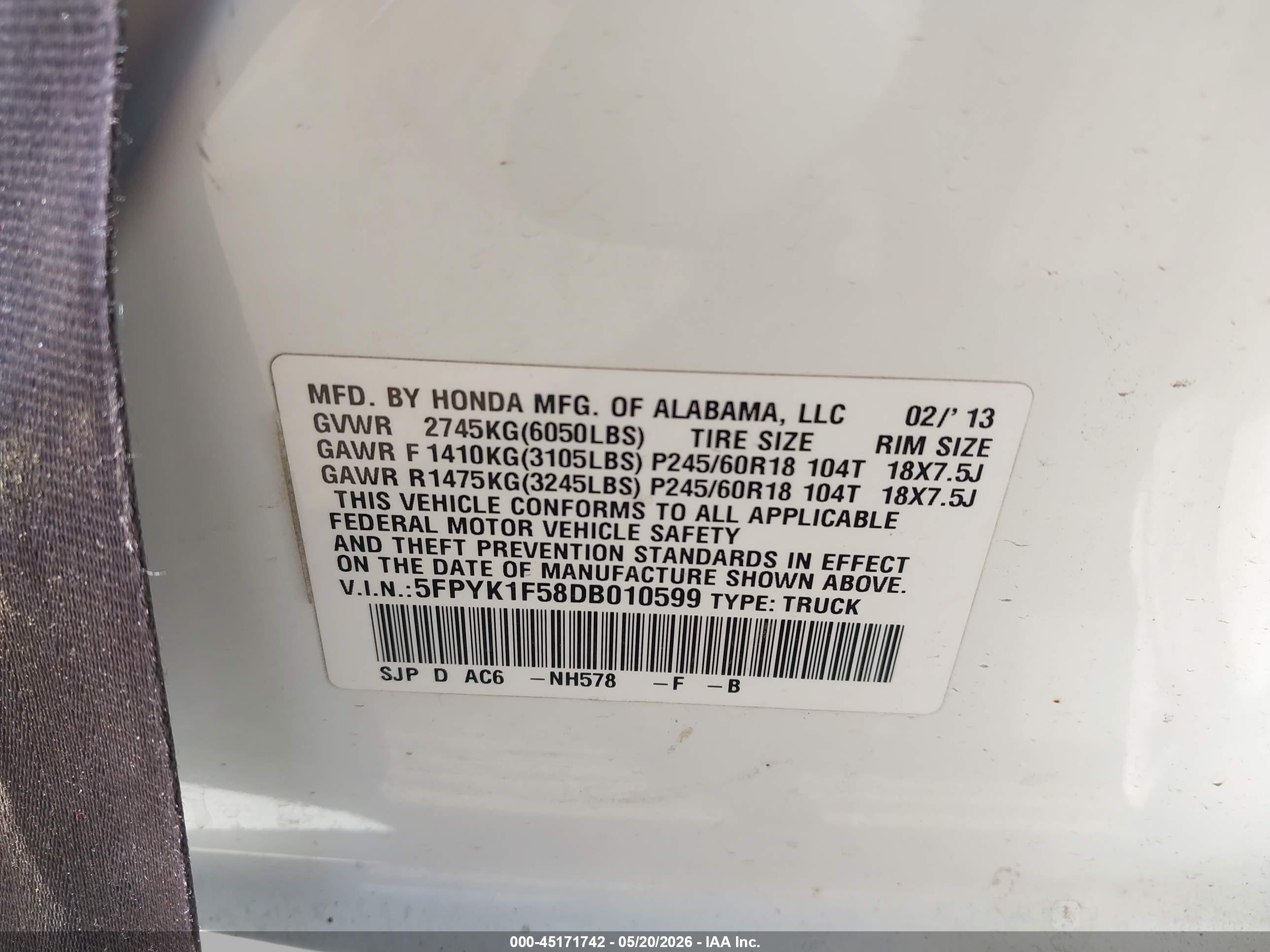 2013 Honda Ridgeline Rtl White vin: 5FPYK1F58DB010599