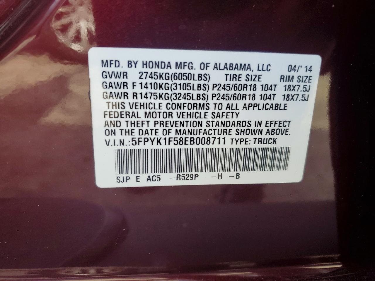 2014 Honda Ridgeline Rtl Burgundy vin: 5FPYK1F58EB008711