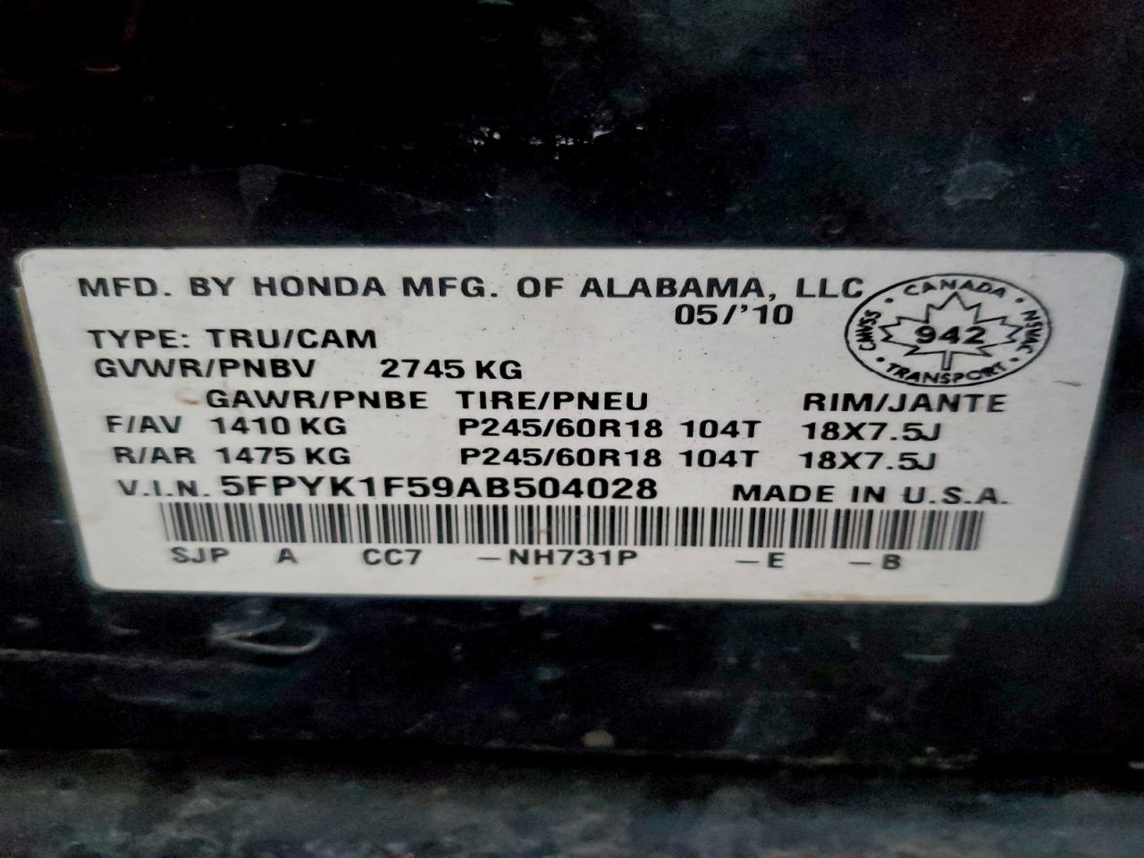 2010 Honda Ridgeline Rtl Black vin: 5FPYK1F59AB504028