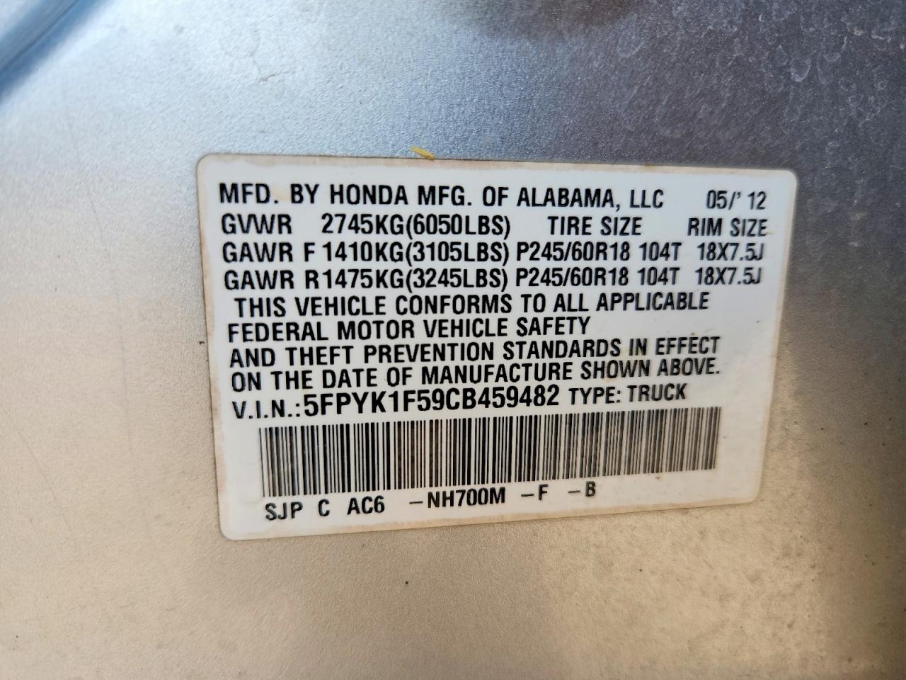 2012 Honda Ridgeline Rtl Silver vin: 5FPYK1F59CB459482