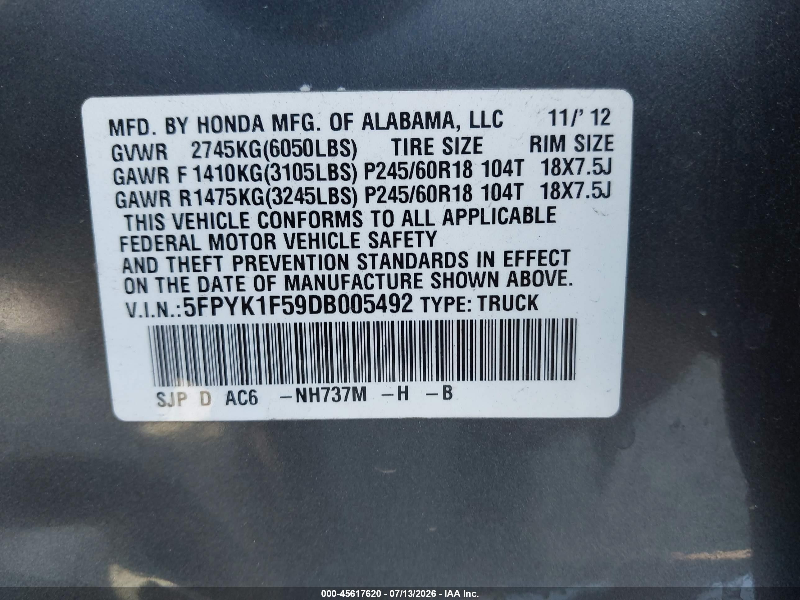 2013 Honda Ridgeline Rtl Gray vin: 5FPYK1F59DB005492