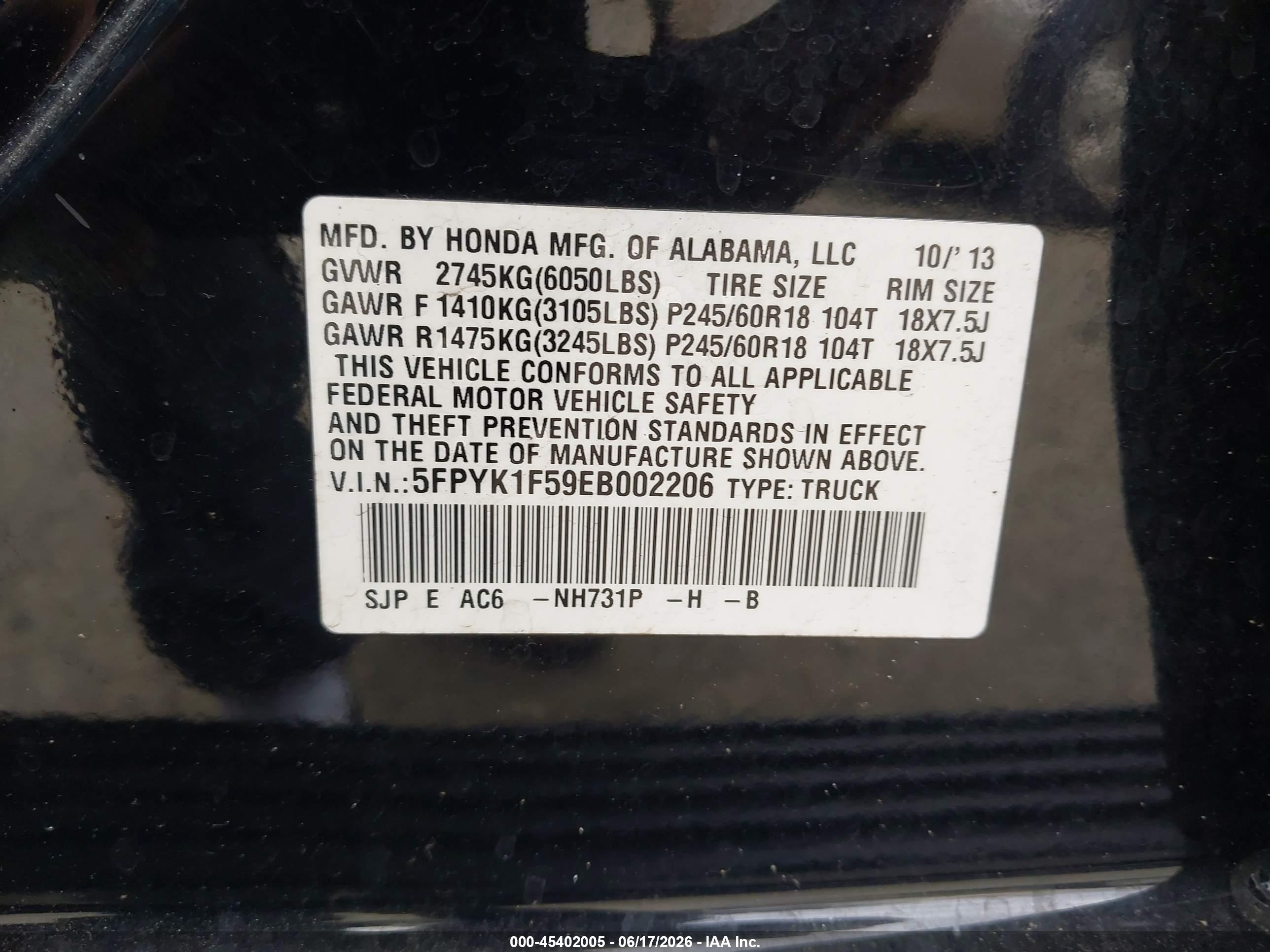 2014 Honda Ridgeline Rtl Black vin: 5FPYK1F59EB002206