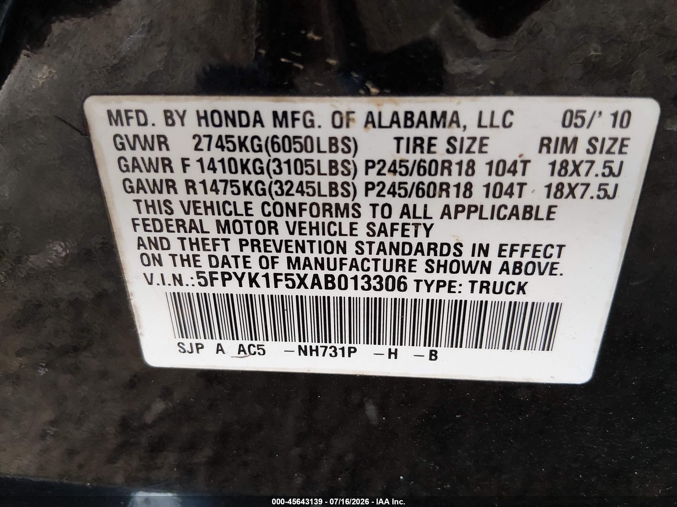 2010 Honda Ridgeline Rtl Black vin: 5FPYK1F5XAB013306