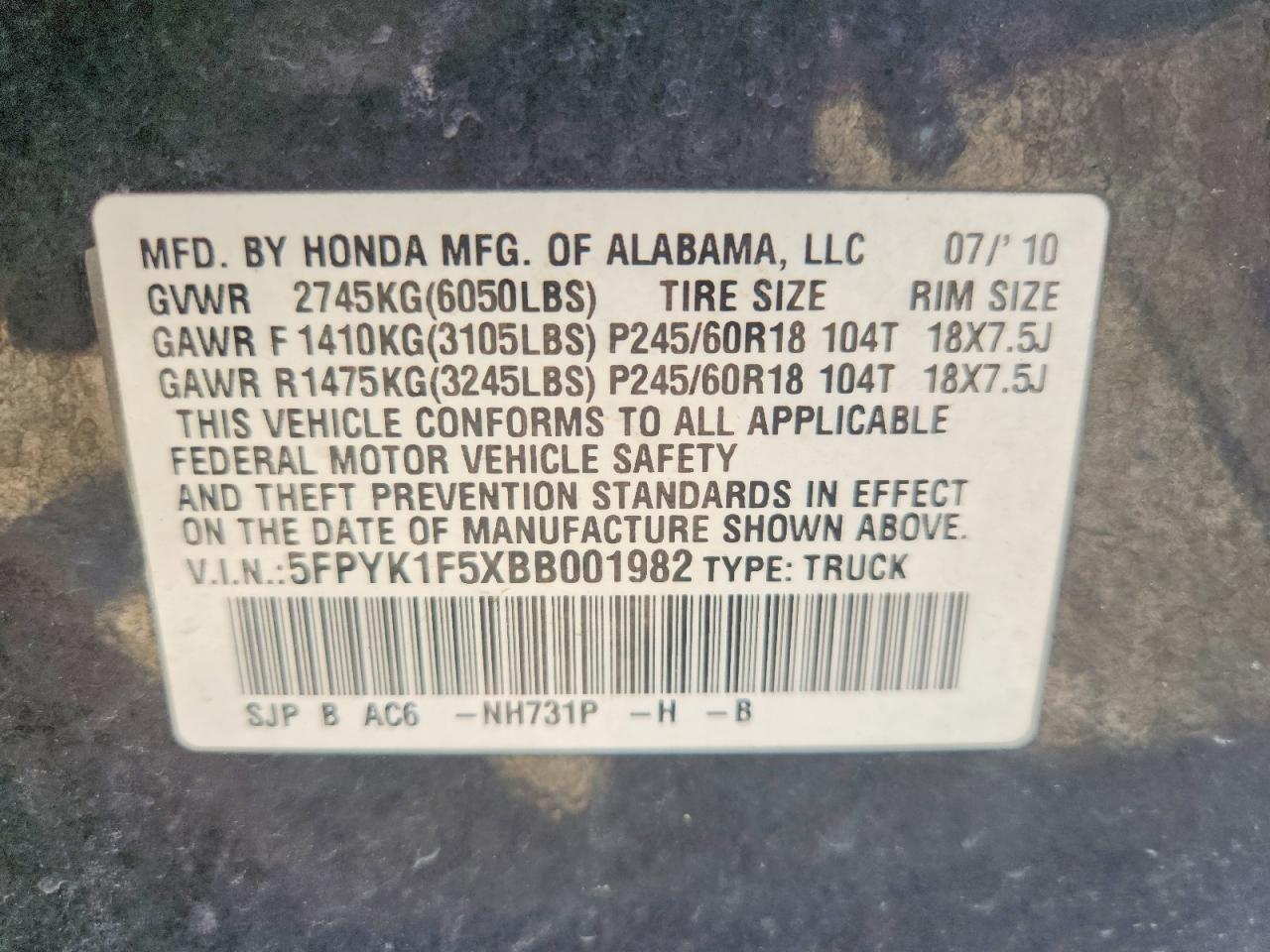2011 Honda Ridgeline Rtl Black vin: 5FPYK1F5XBB001982