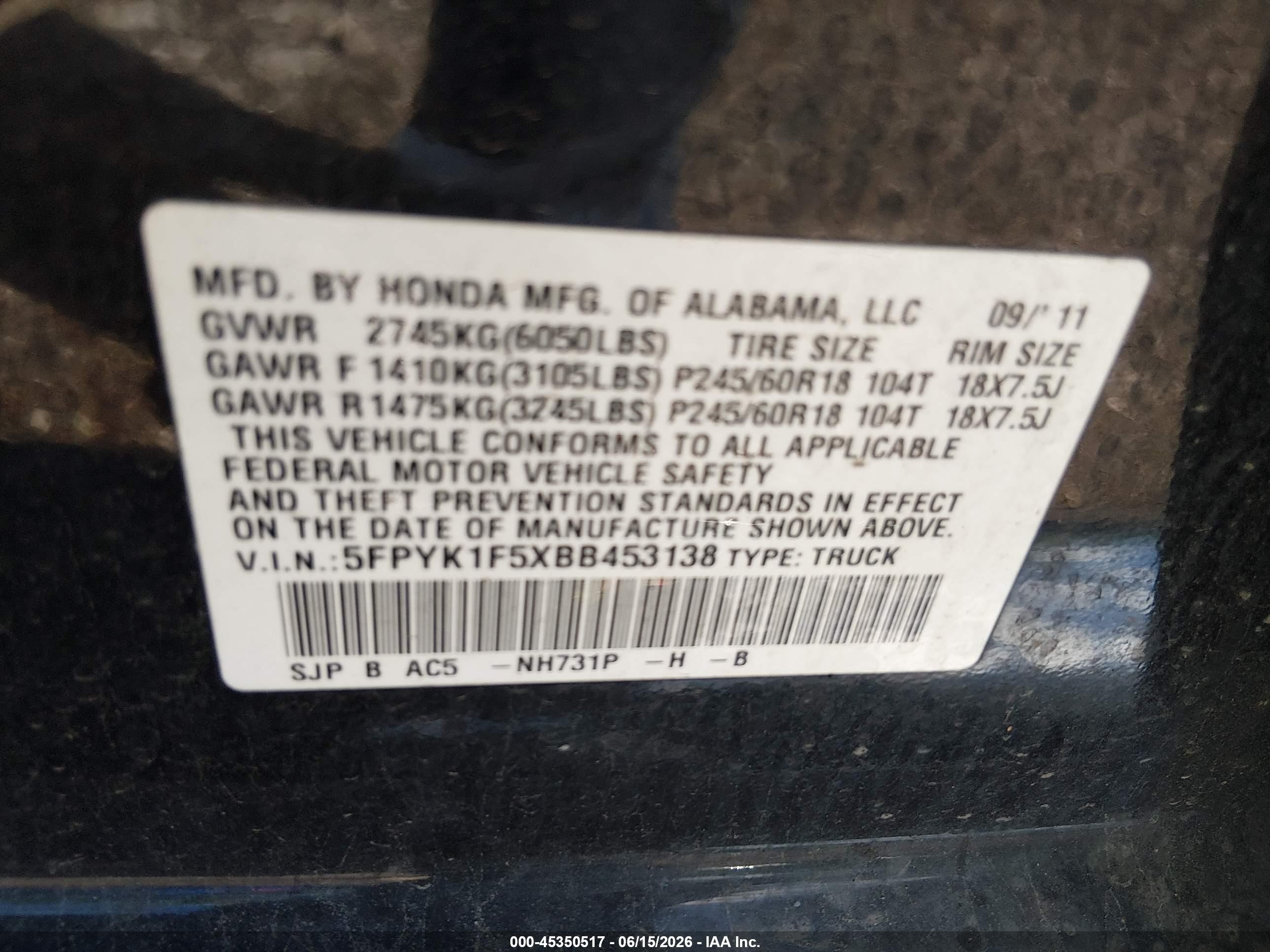 2011 Honda Ridgeline Rtl Black vin: 5FPYK1F5XBB453138