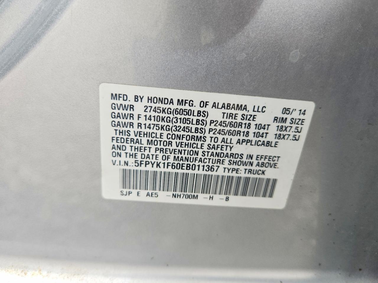 2014 Honda Ridgeline Серебряный vin: 5FPYK1F60EB011367