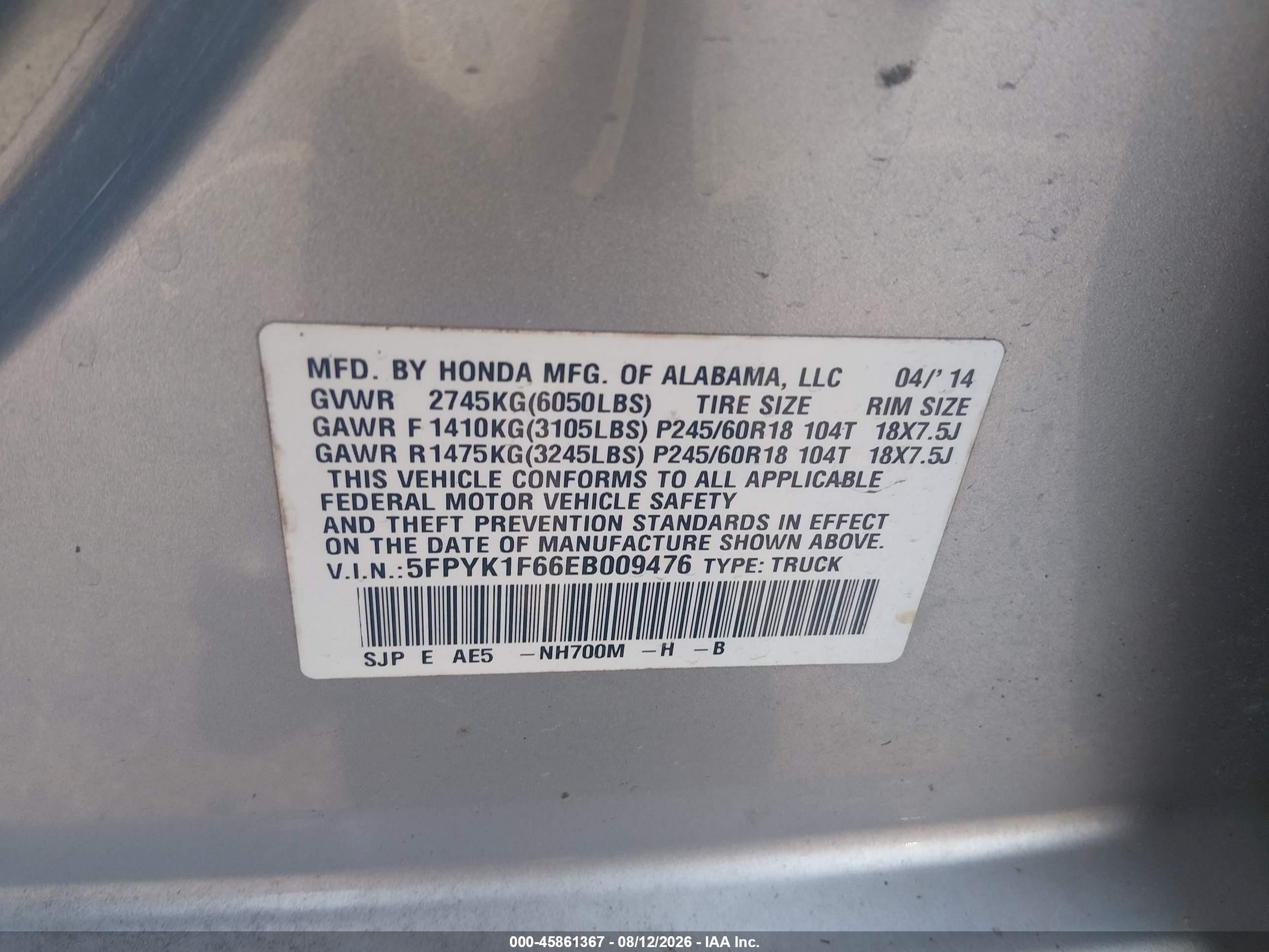 2014 Honda Ridgeline Se Silver vin: 5FPYK1F66EB009476